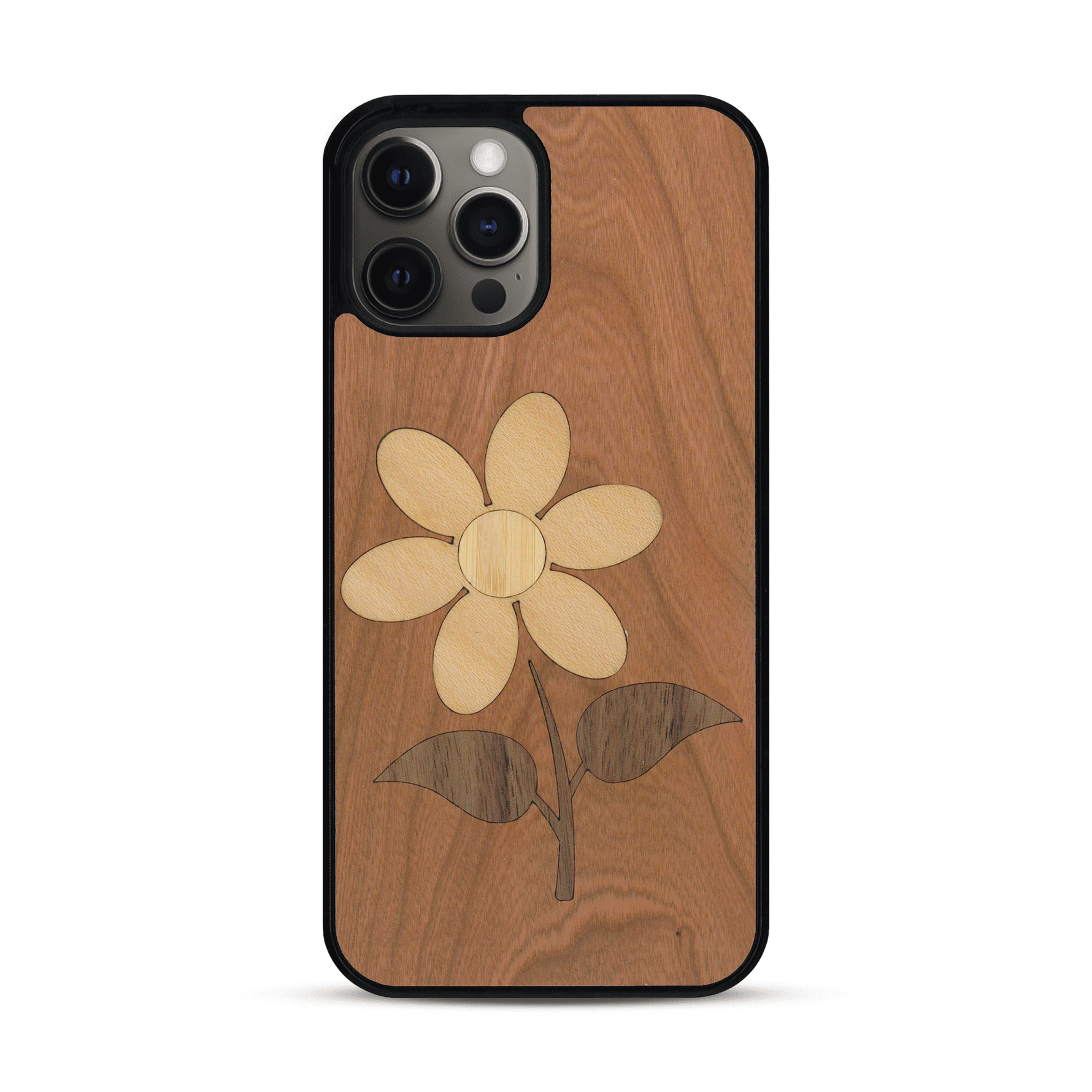 Coque de protection en bois véritable fabriquée en France pour  alliant plusieurs essences de bois pour représenter une marguerite