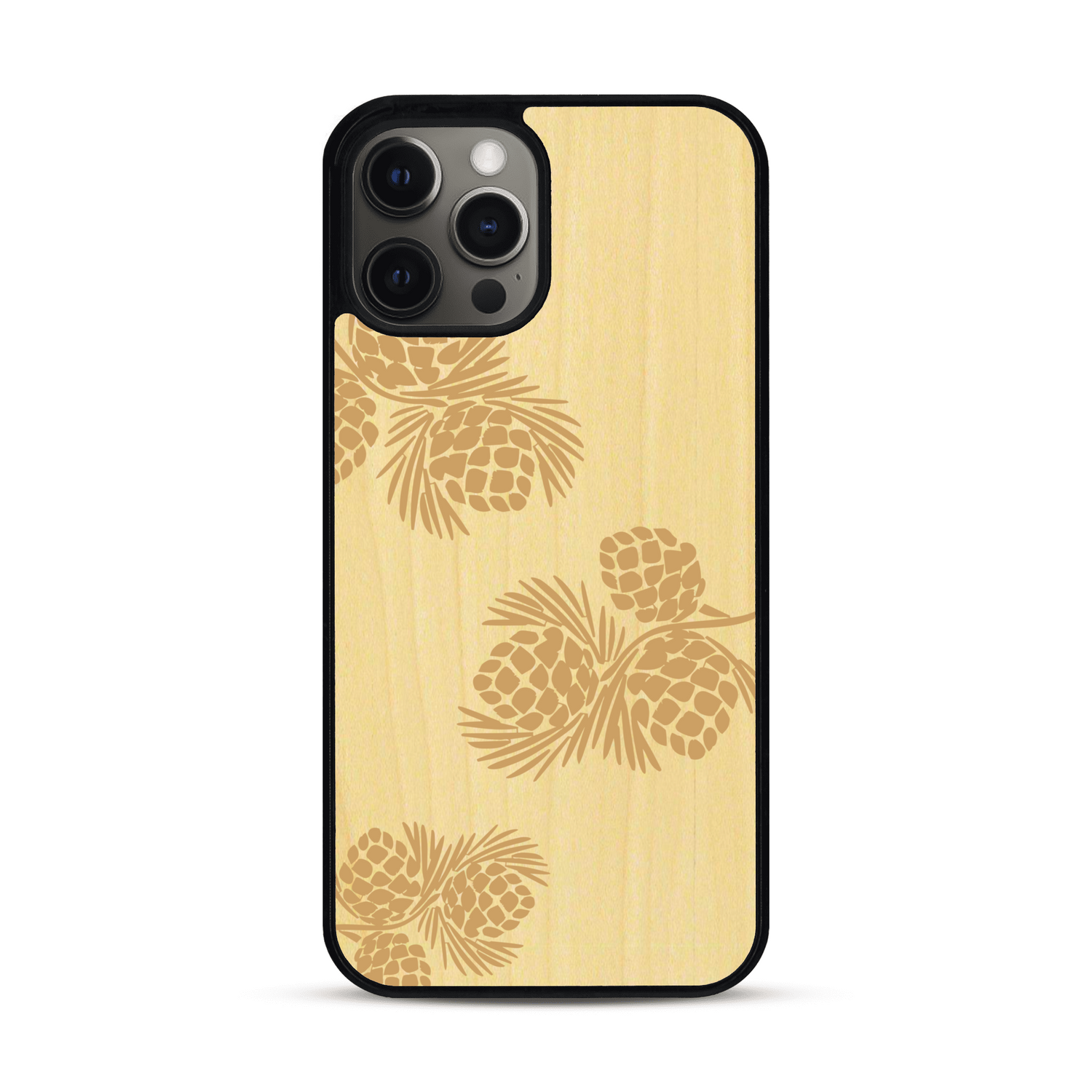 Coque de protection en bois véritable fabriquée en France pour  sur le thème de la nature des arbres avec un motif de gravure représentant des épines de sapin et des pommes de pin