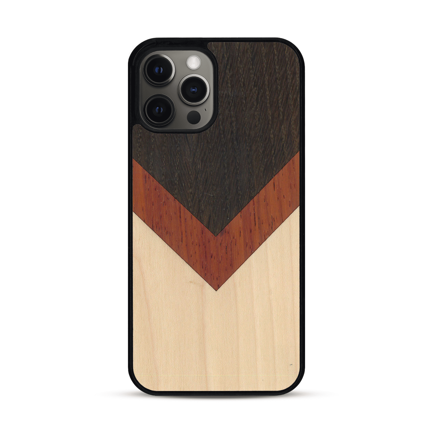 Coque de protection en bois véritable fabriquée en France pour  alliant du chêne fumé, du padouk et du bambou en forme de chevron sur le thème de l'art abstrait