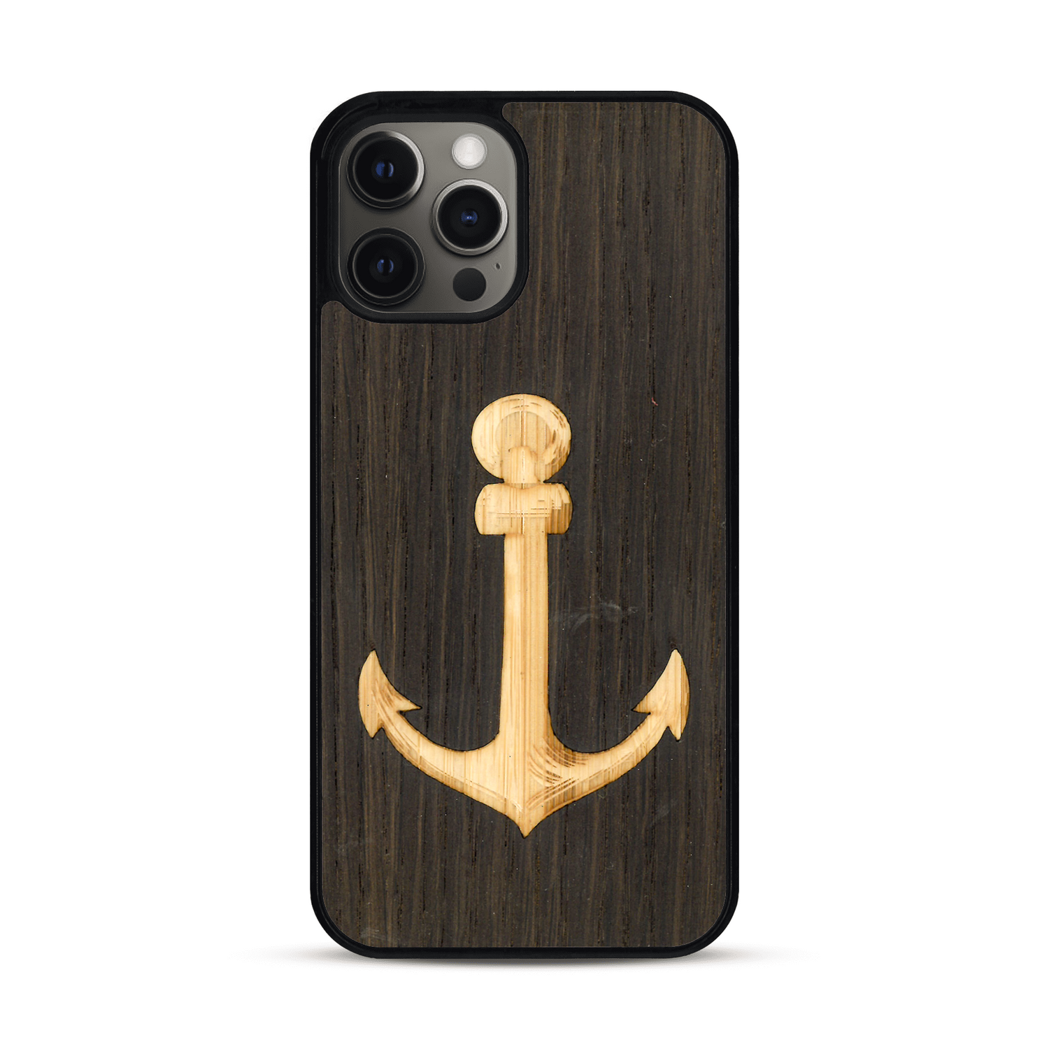 Coque de protection en bois véritable fabriquée en France pour  sur le thème nautique avec un bois clair et un bois foncé représentant une ancre de bateau
