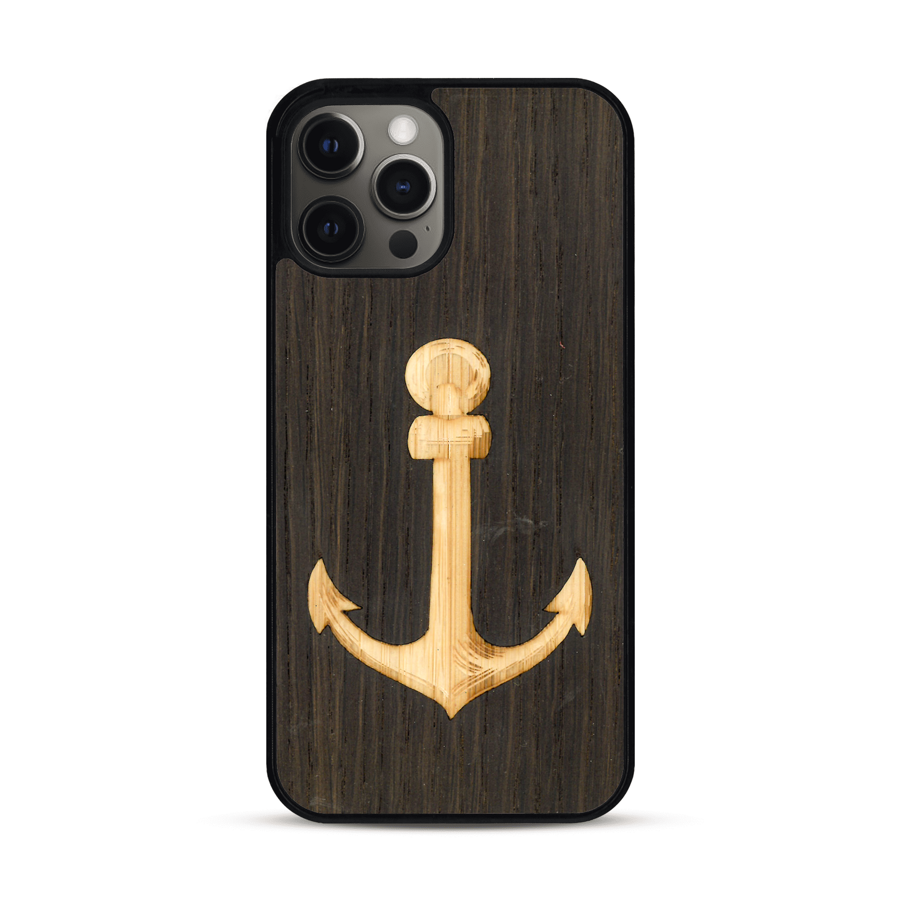 Coque de protection en bois véritable fabriquée en France pour  sur le thème nautique avec un bois clair et un bois foncé représentant une ancre de bateau