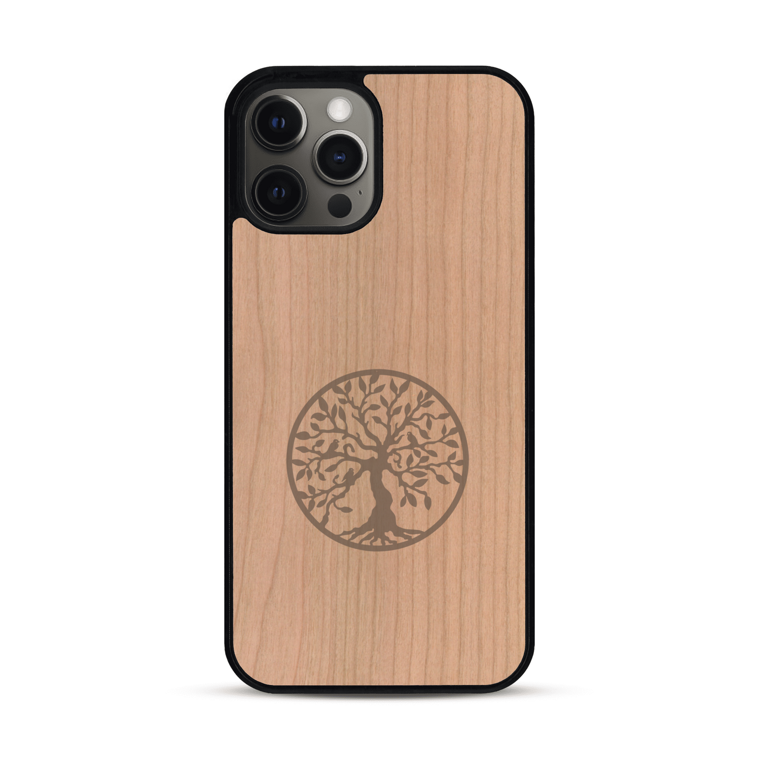 Coque de protection en bois véritable fabriquée en France pour  sur le thème de la spiritualité et du yoga avec une gravure zen représentant un arbre de vie