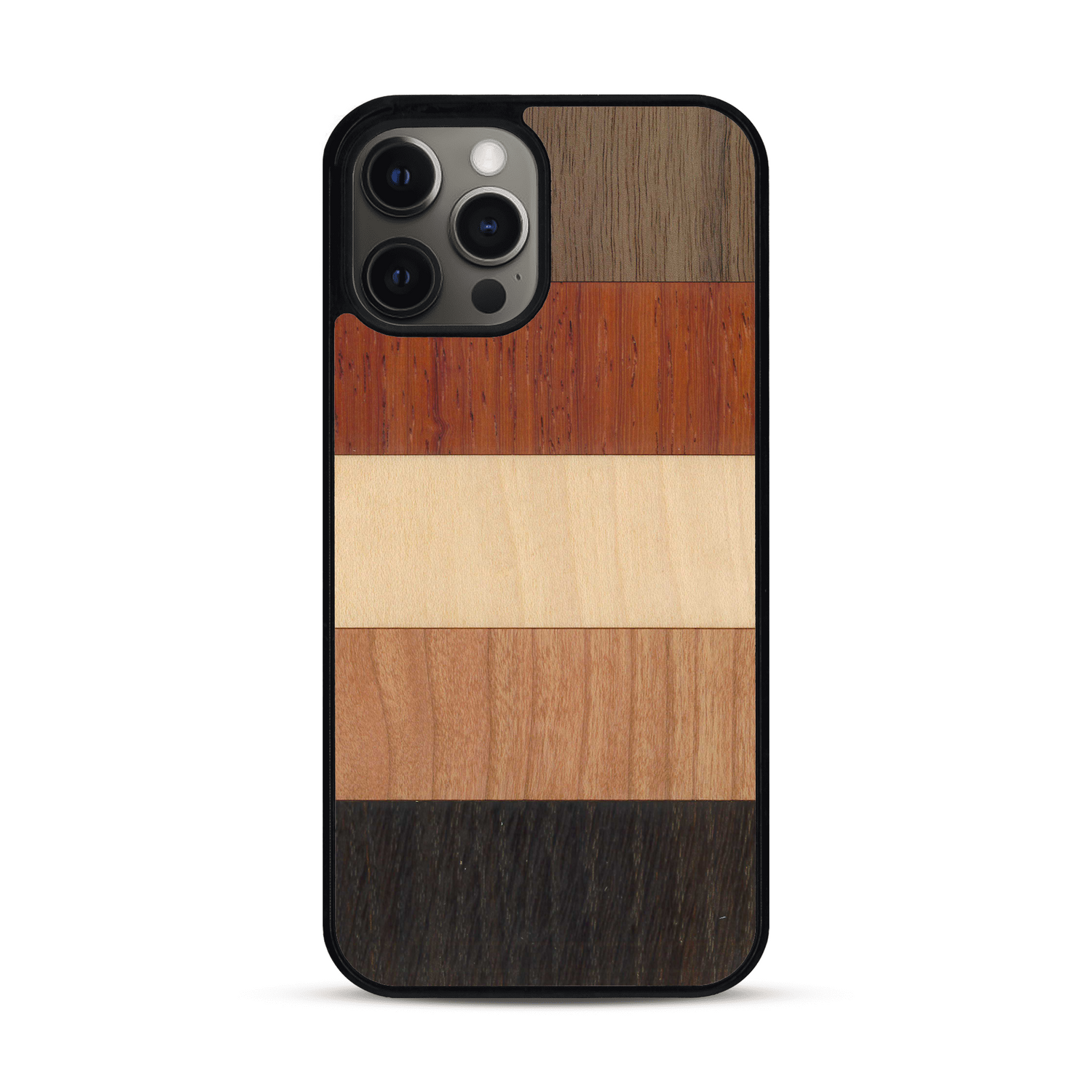 Coque de protection en bois véritable fabriquée en France pour  alliant des bandes horizontales de bambou, merisier, padouk, noyer et chêne fumé