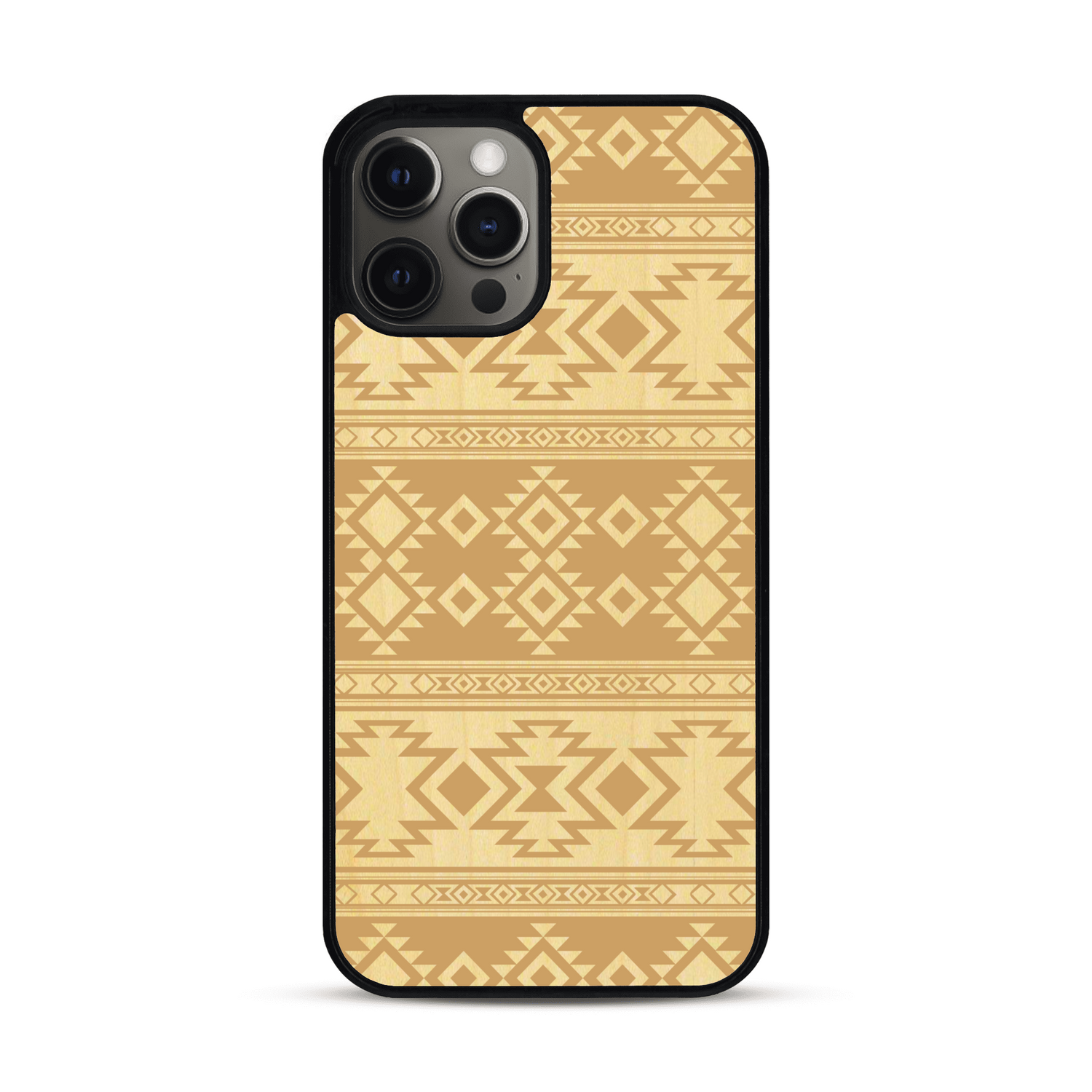 Coque de protection en bois véritable fabriquée en France pour  avec des motifs géométriques s'inspirant des temples aztèques, mayas et incas