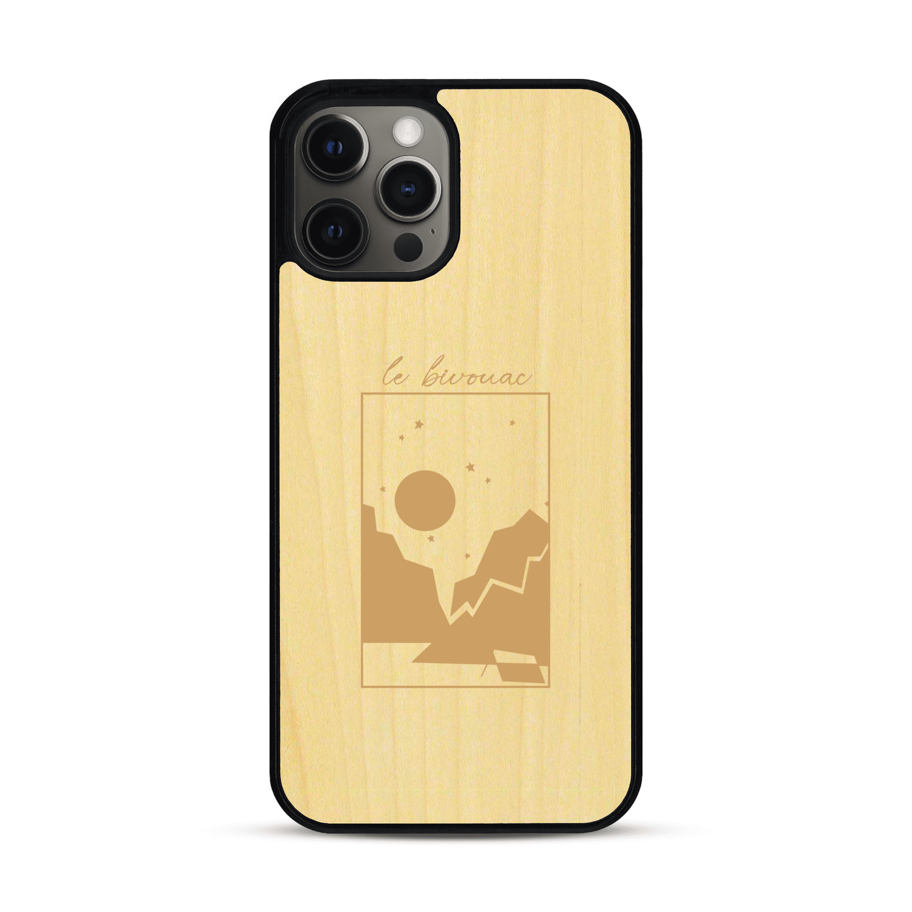 Coque de protection en bois véritable fabriquée en France pour  sur le thème du camping en pleine nature et du bivouac avec la phrase "Aventure is out there"