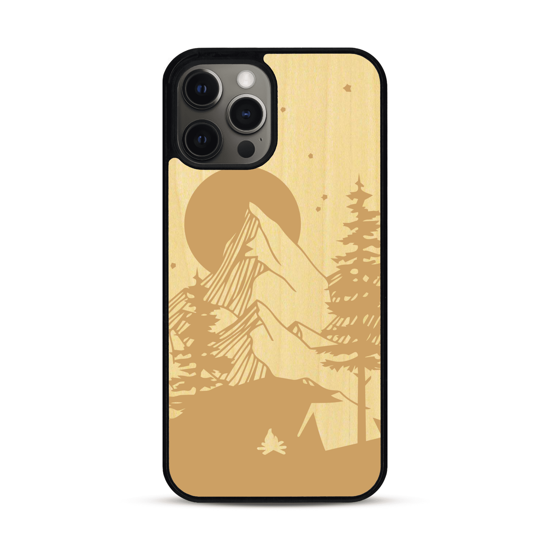Coque de protection en bois véritable fabriquée en France pour  sur le thème du camping en pleine nature représentant une tente avec un feu de camp entouré de montagnes
