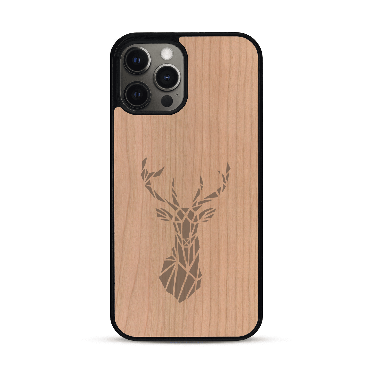 Coque de protection en bois véritable fabriquée en France pour  sur le thème de la nature et des animaux représentant une tête de cerf gométrique avec un design moderne et minimaliste