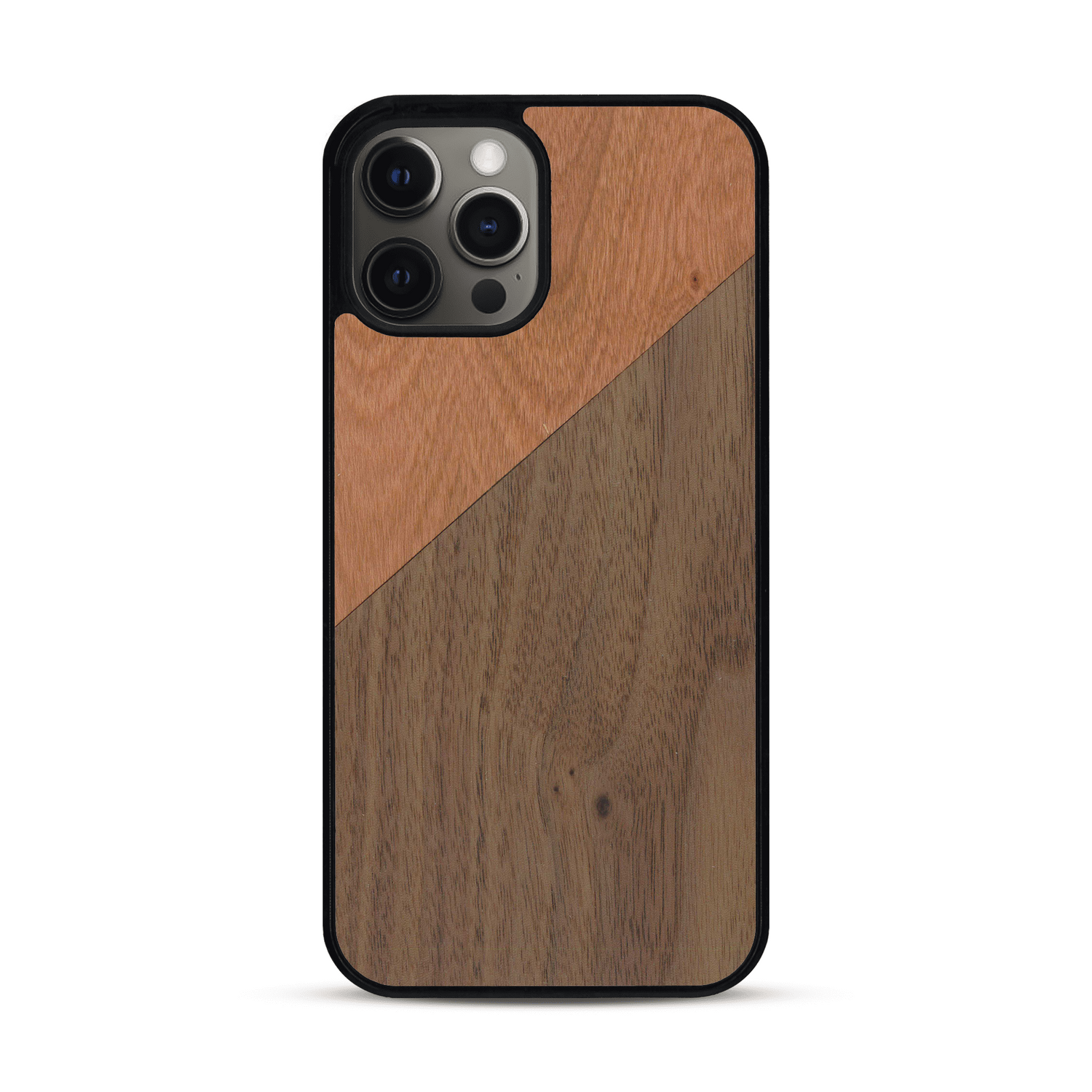 Coque de protection en bois véritable fabriquée en France pour  alliant du merisier et du noyer formant chacun un triangle avec une jointure en diagonale sur le thème de l'art abstrait