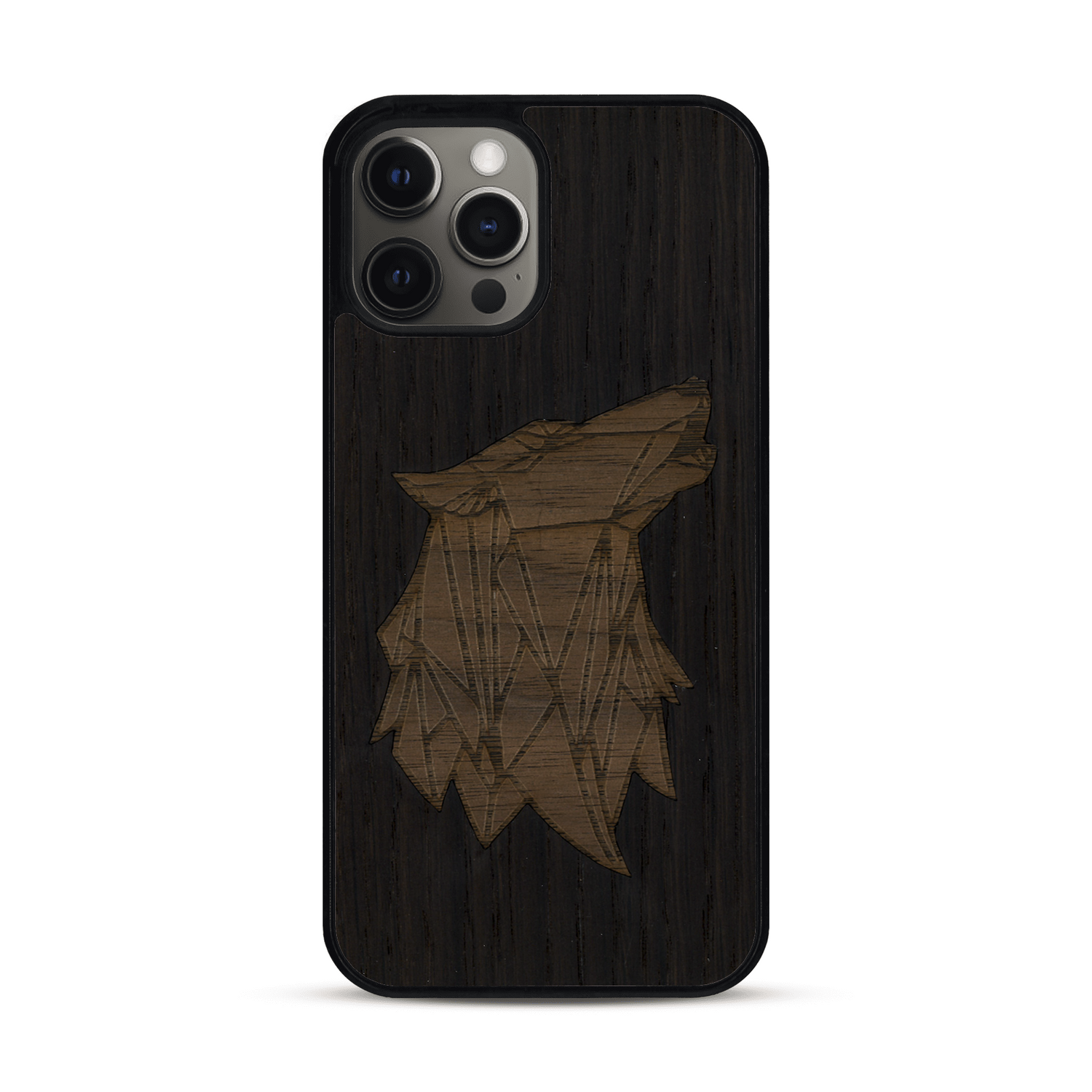 Coque de protection en bois véritable fabriquée en France pour  alliant du chêne fumé et du noyer représentant une tête de loup géométrique de profil sur le thème des animaux et de la nature