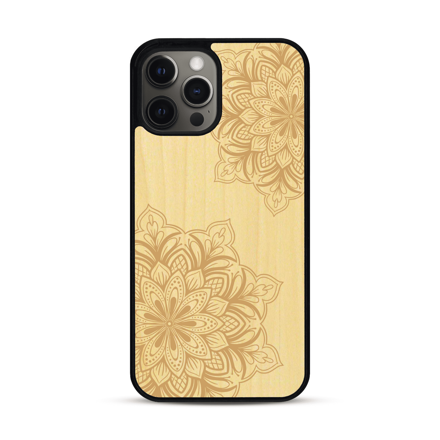 Coque de protection en bois véritable fabriquée en France pour  sur le thème de la bohème et du tatouage au henné avec une gravure représentant un mandala