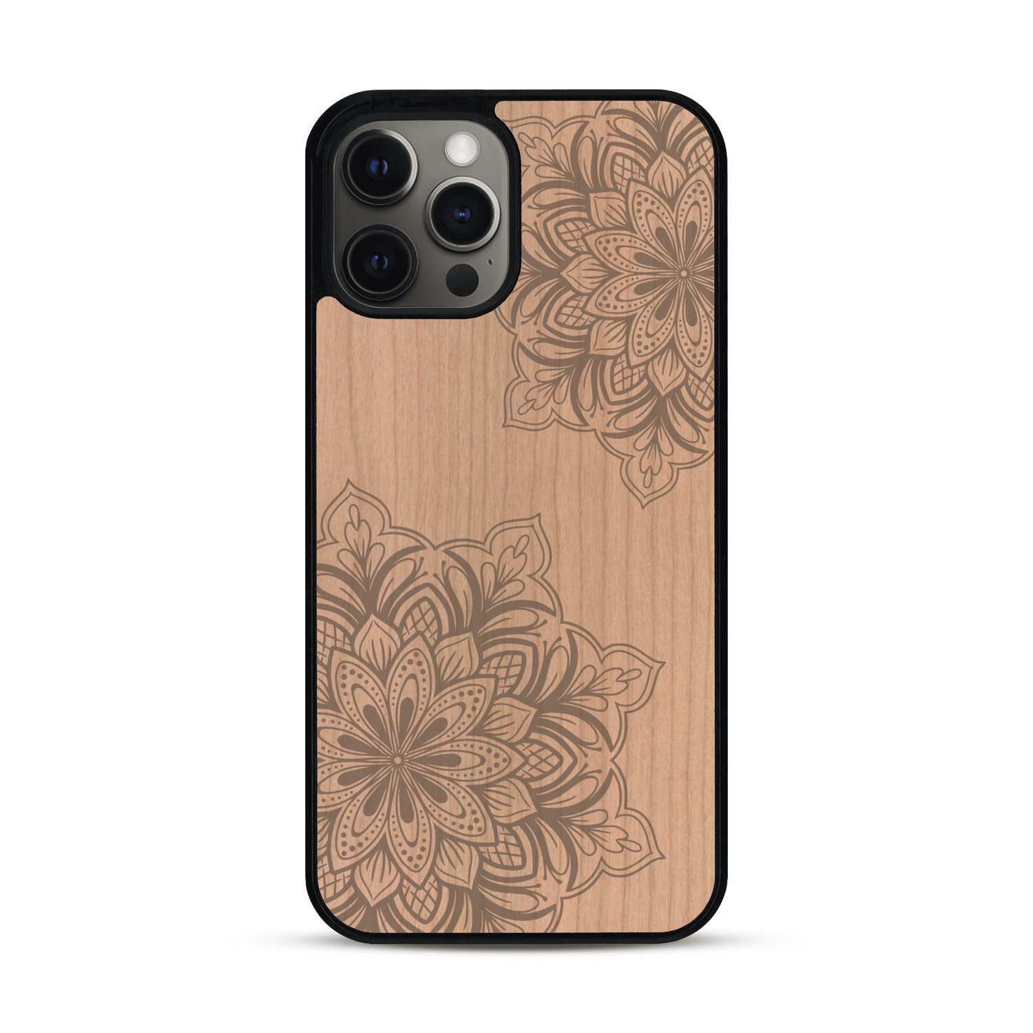 Coque de protection en bois véritable fabriquée en France pour  sur le thème de la bohème et du tatouage au henné avec une gravure représentant un mandala