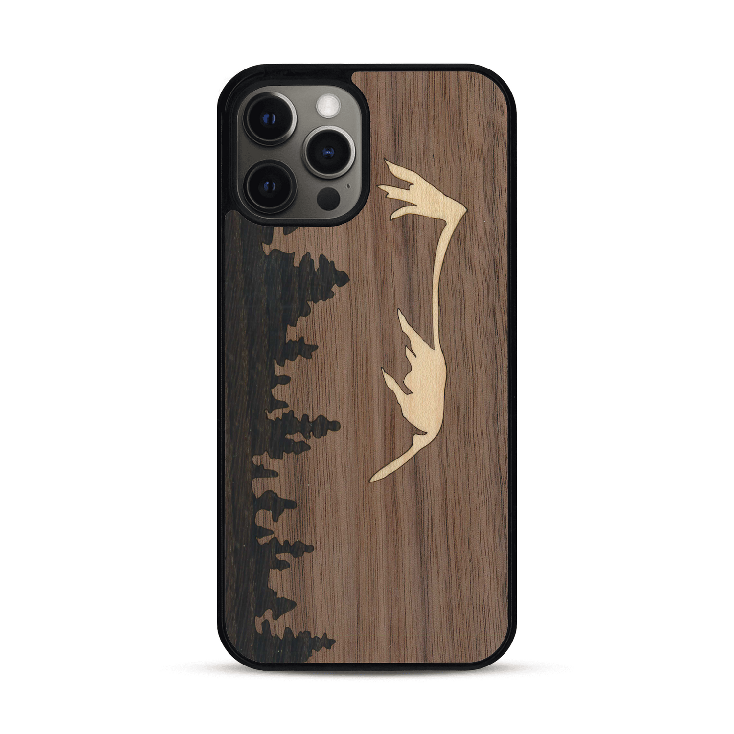 Coque de protection en bois véritable fabriquée en France pour  sur le thème de la nature et de la montagne qui allie du chêne fumé, du noyer et du bambou représentant le mont mézenc