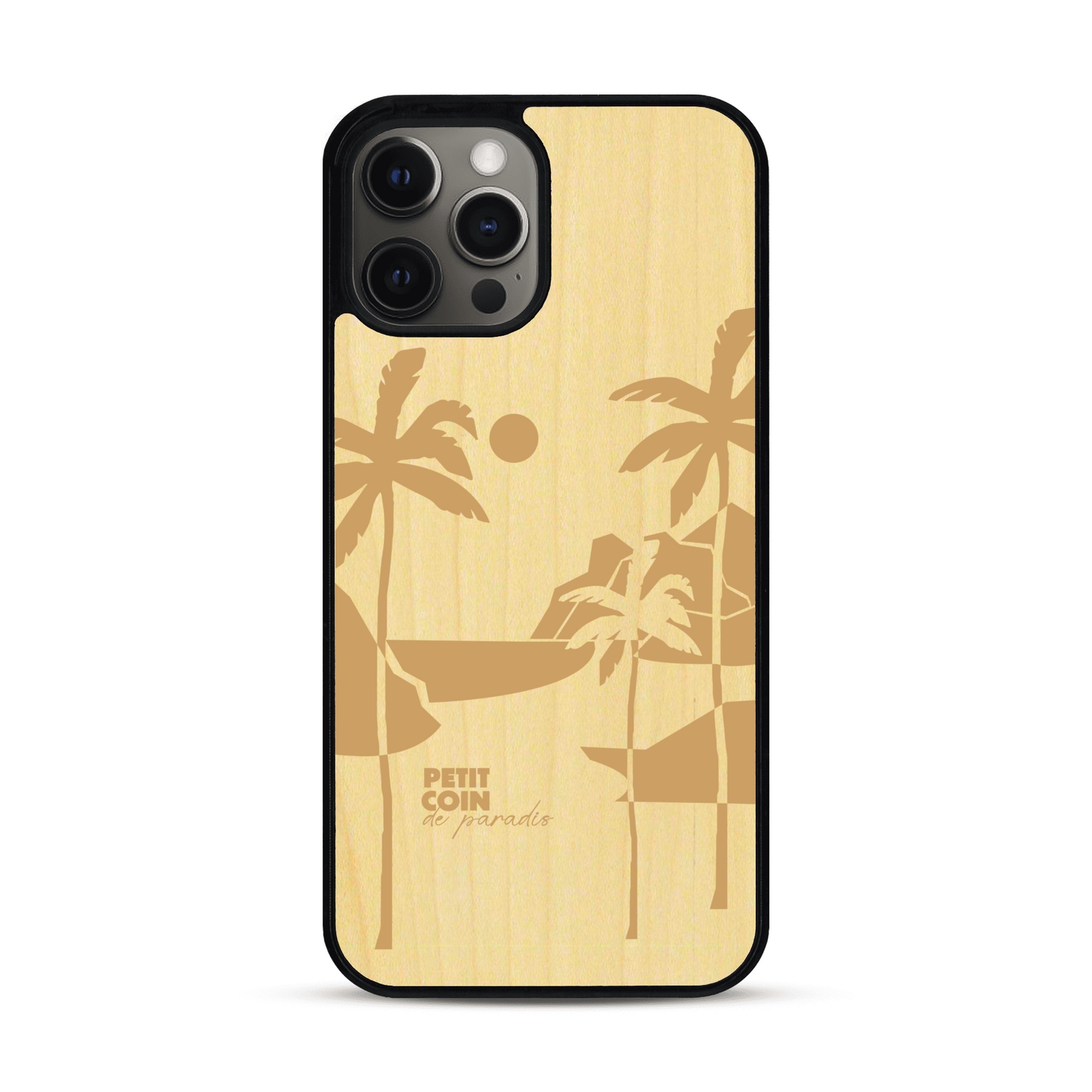 Coque de protection en bois véritable fabriquée en France pour  sur le thème des voyages en vans, vanlife et chill avec une gravure représentant un van vw combi devant le soleil couchant sur une plage avec des vagues