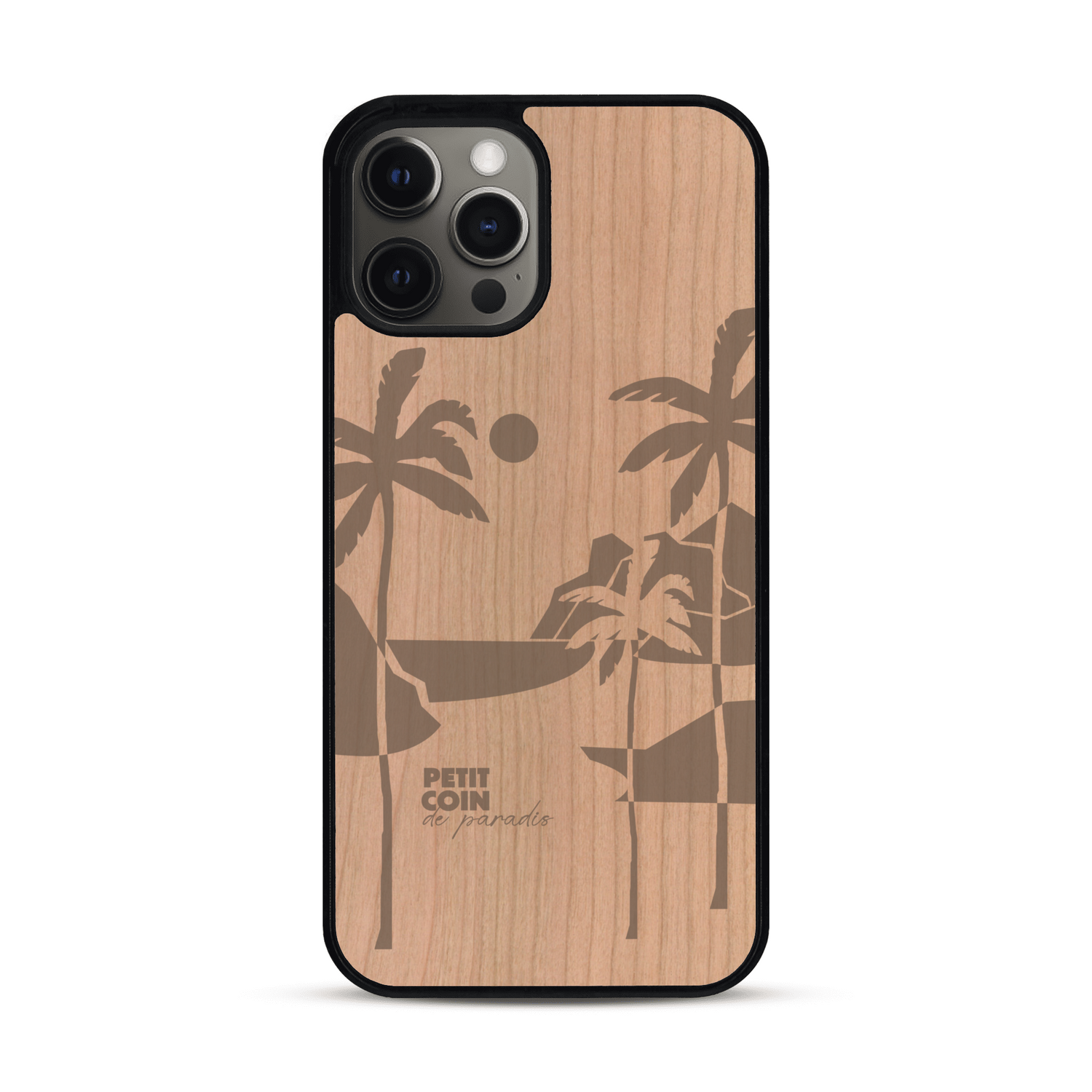 Coque de protection en bois véritable fabriquée en France pour  sur le thème des voyages en vans, vanlife et chill avec une gravure représentant un van vw combi devant le soleil couchant sur une plage avec des vagues