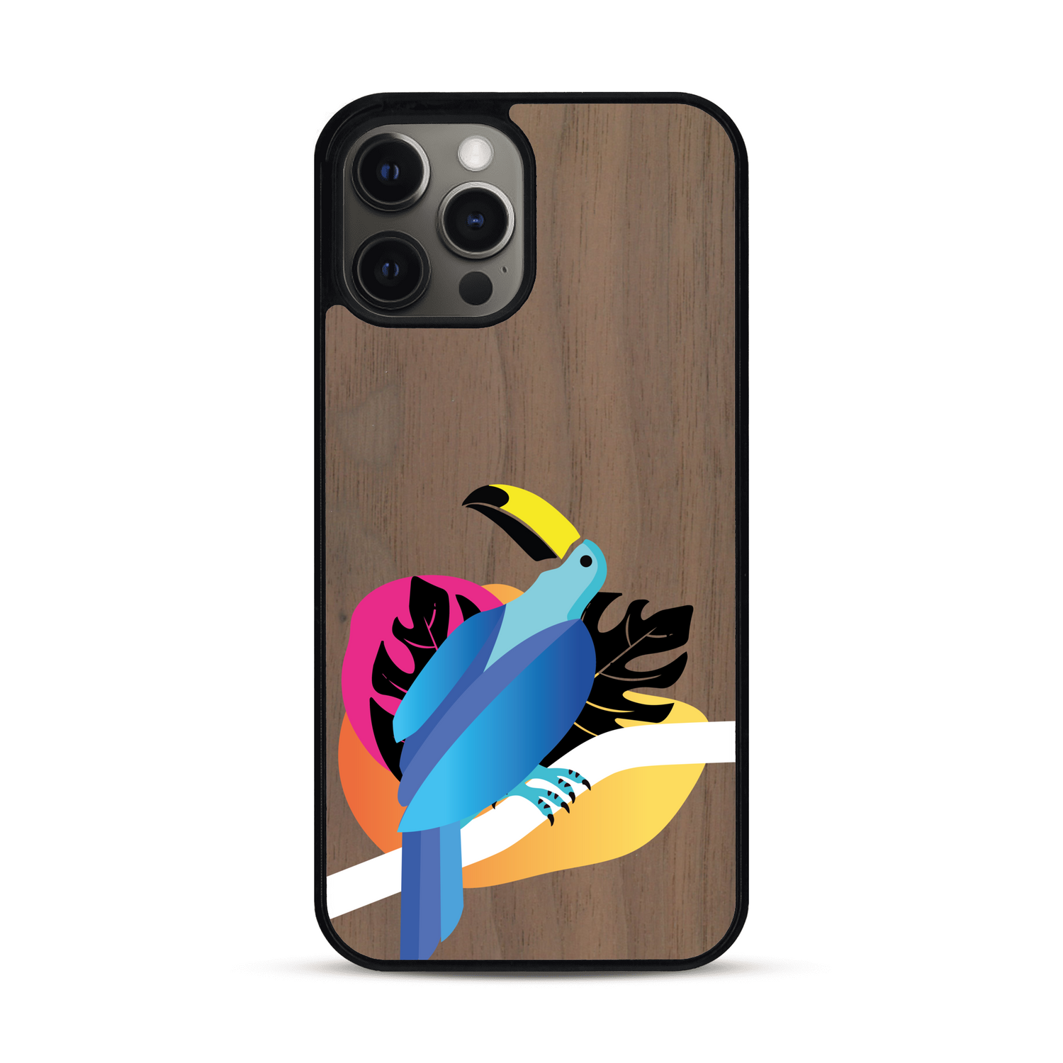 Coque de protection en bois véritable fabriquée en France pour iPhone 12 Pro Max représentant un toucan coloré avec un design moderne et minimaliste sur le thème de la jungle et de la nature