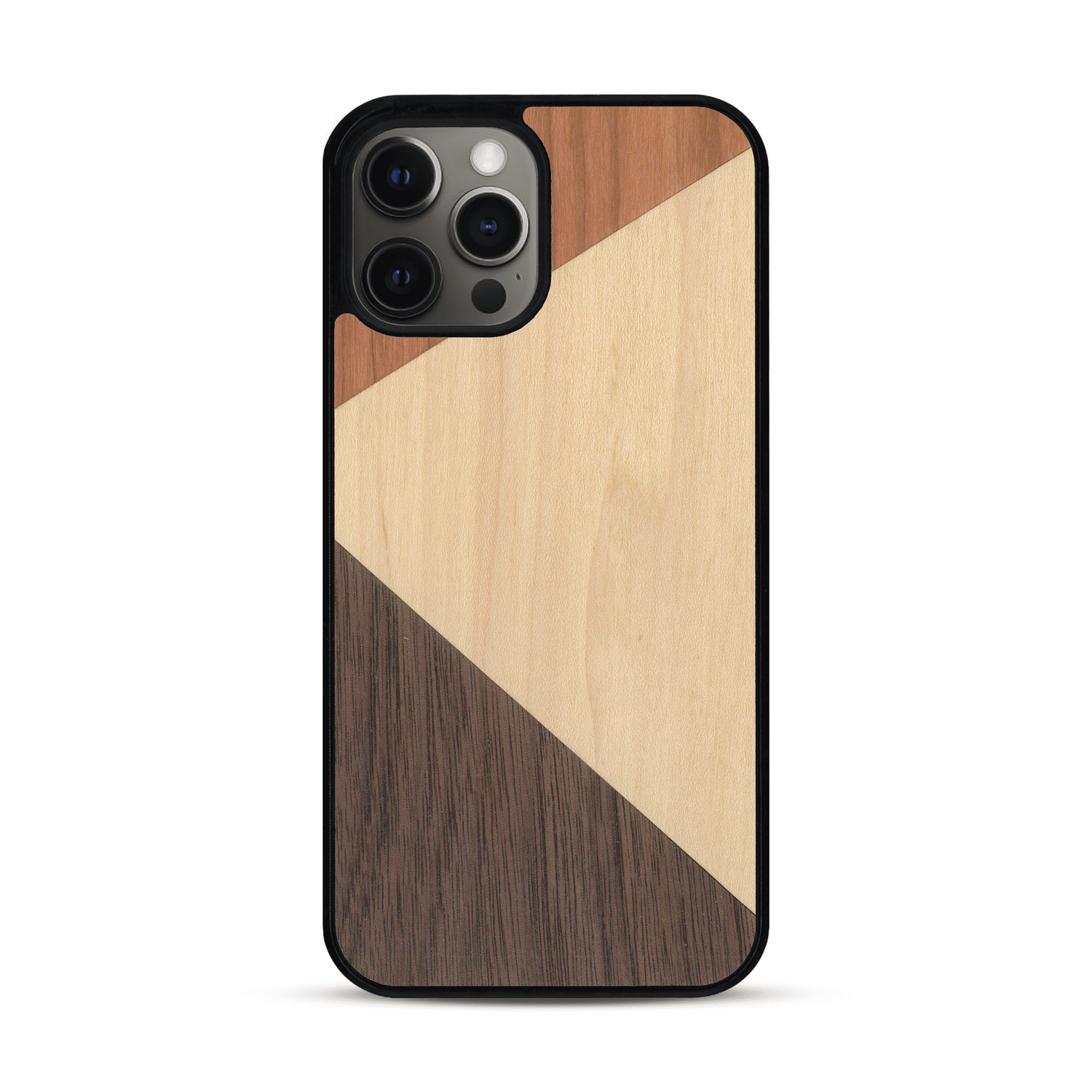 Coque de protection en bois véritable fabriquée en France pour  alliant du merisier, du noyer et du bambou formant chacun deux triangles et un trapèze avec deux jointures en diagonale sur le thème de l'art abstrait