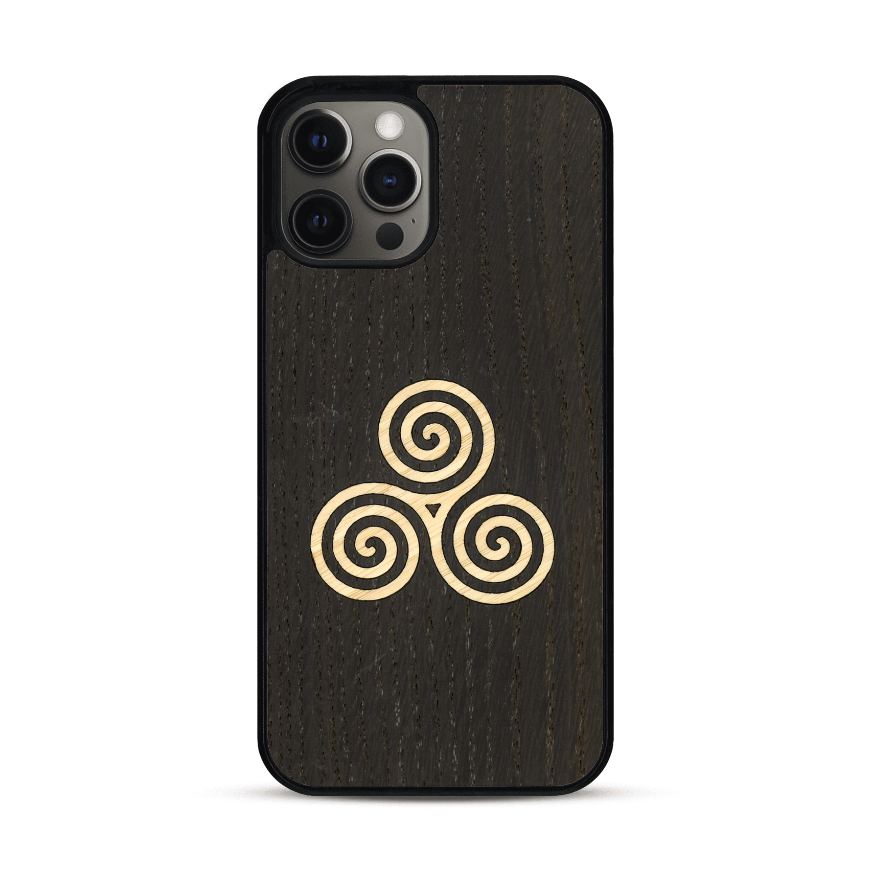 Coque de protection en bois véritable fabriquée en France pour  alliant du chêne fumé et du bambou et doré représentant un triskell