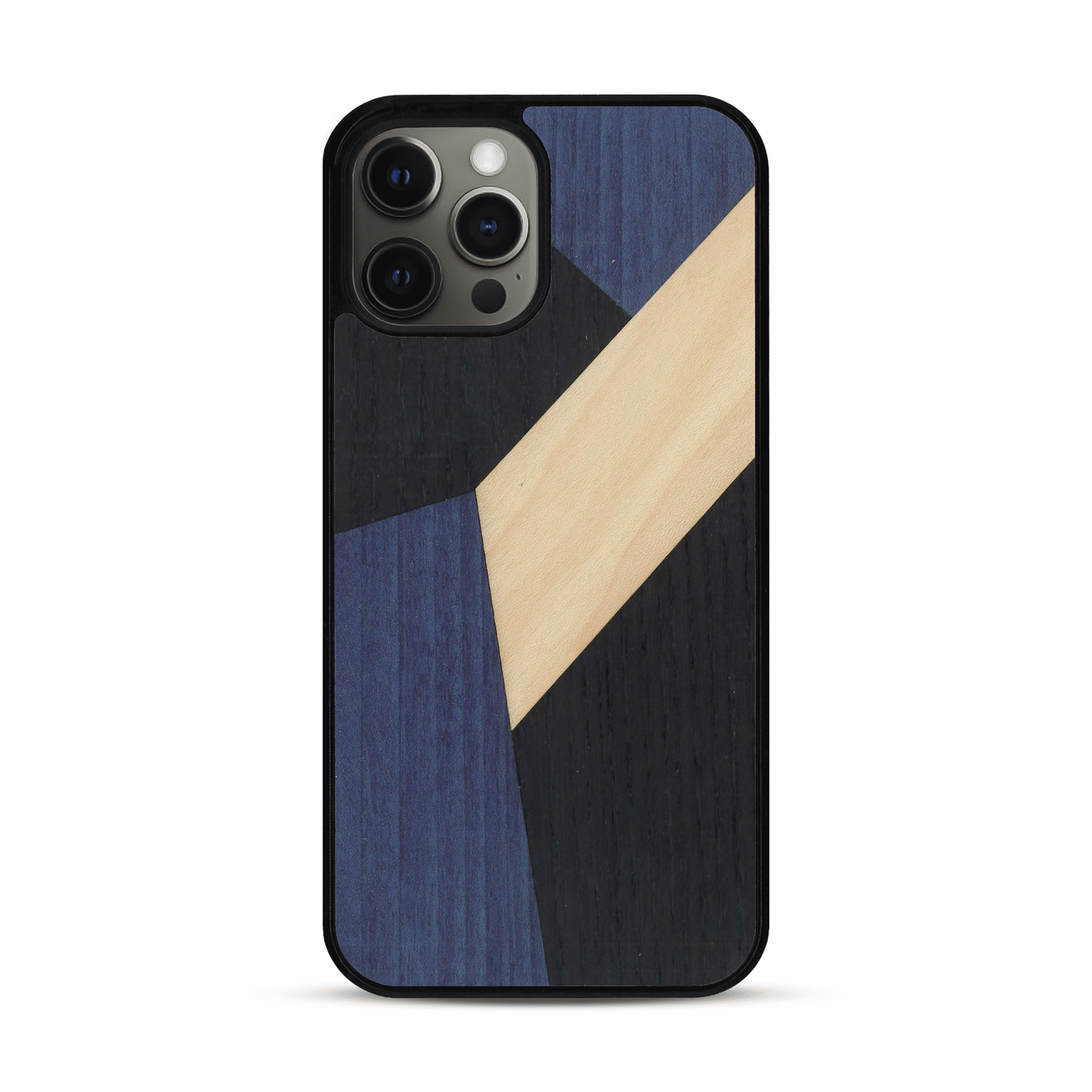 Coque de protection en bois véritable fabriquée en France pour  alliant du bambou, du tulipier bleu et noir en forme de mosaïque minimaliste sur le thème de l'art abstrait
