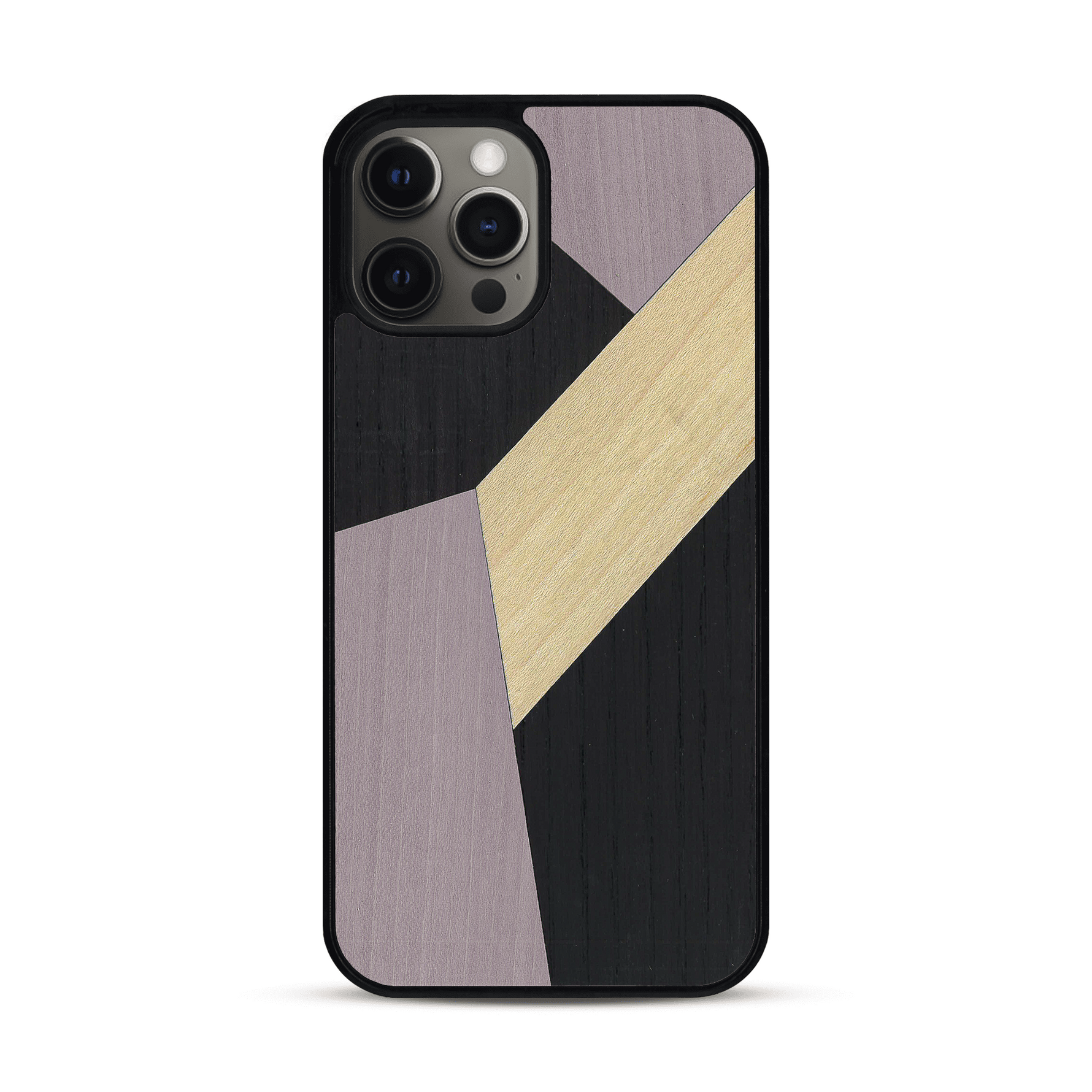 Coque de protection en bois véritable fabriquée en France pour  alliant du bambou, du tulipier mauve et noir en forme de mosaïque minimaliste sur le thème de l'art abstrait