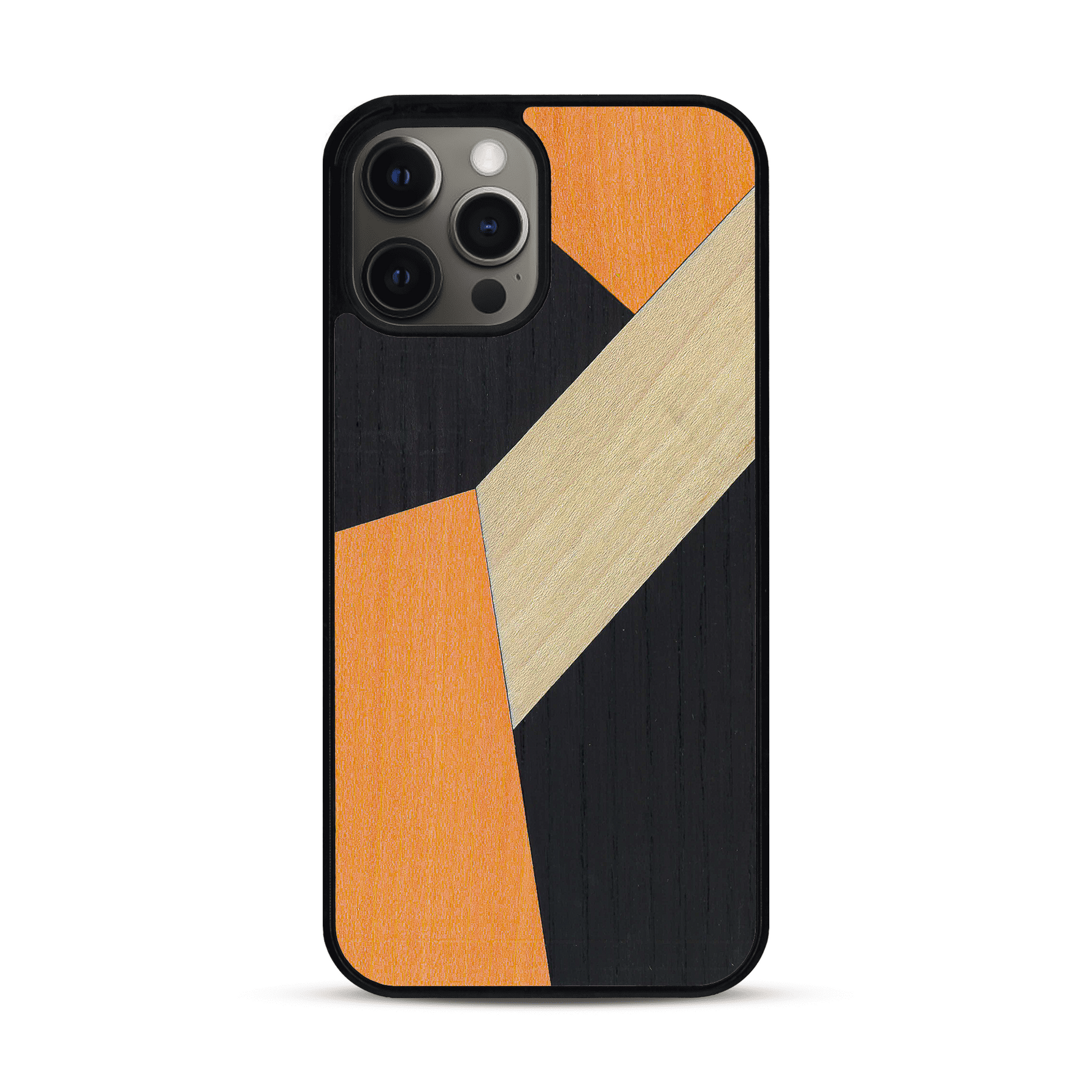 Coque de protection en bois véritable fabriquée en France pour  alliant du bambou, du tulipier orange et noir en forme de mosaïque minimaliste sur le thème de l'art abstrait