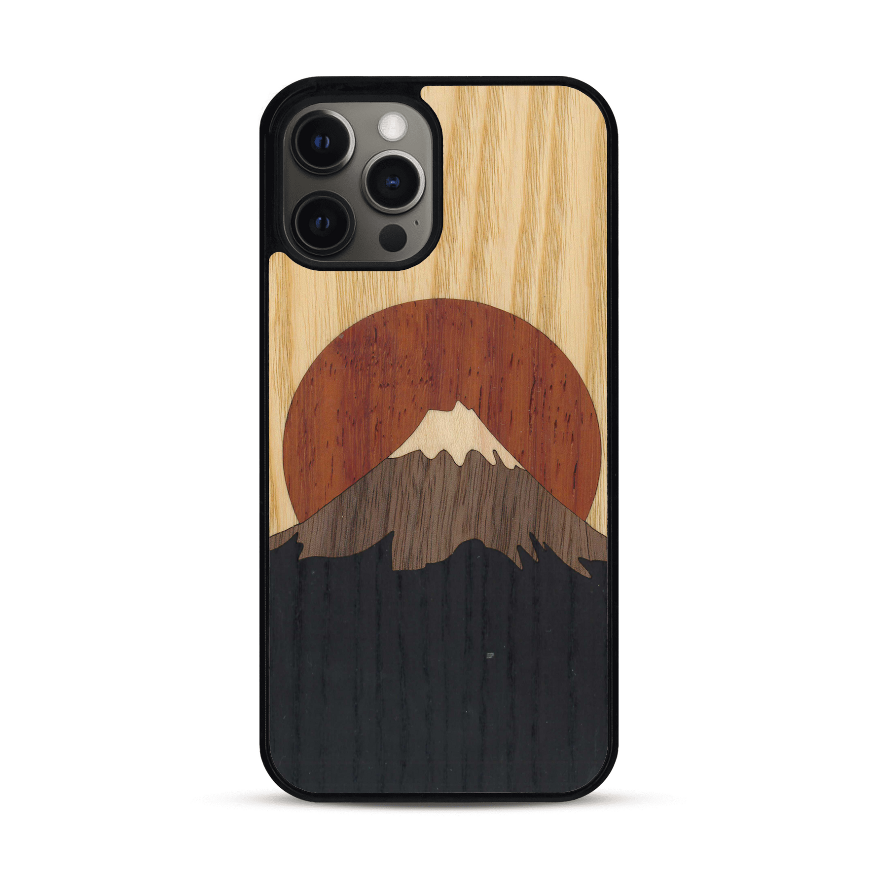 Coque de protection en bois véritable fabriquée en France pour  alliant plusieurs essences de bois pour représenter le mont Fuji