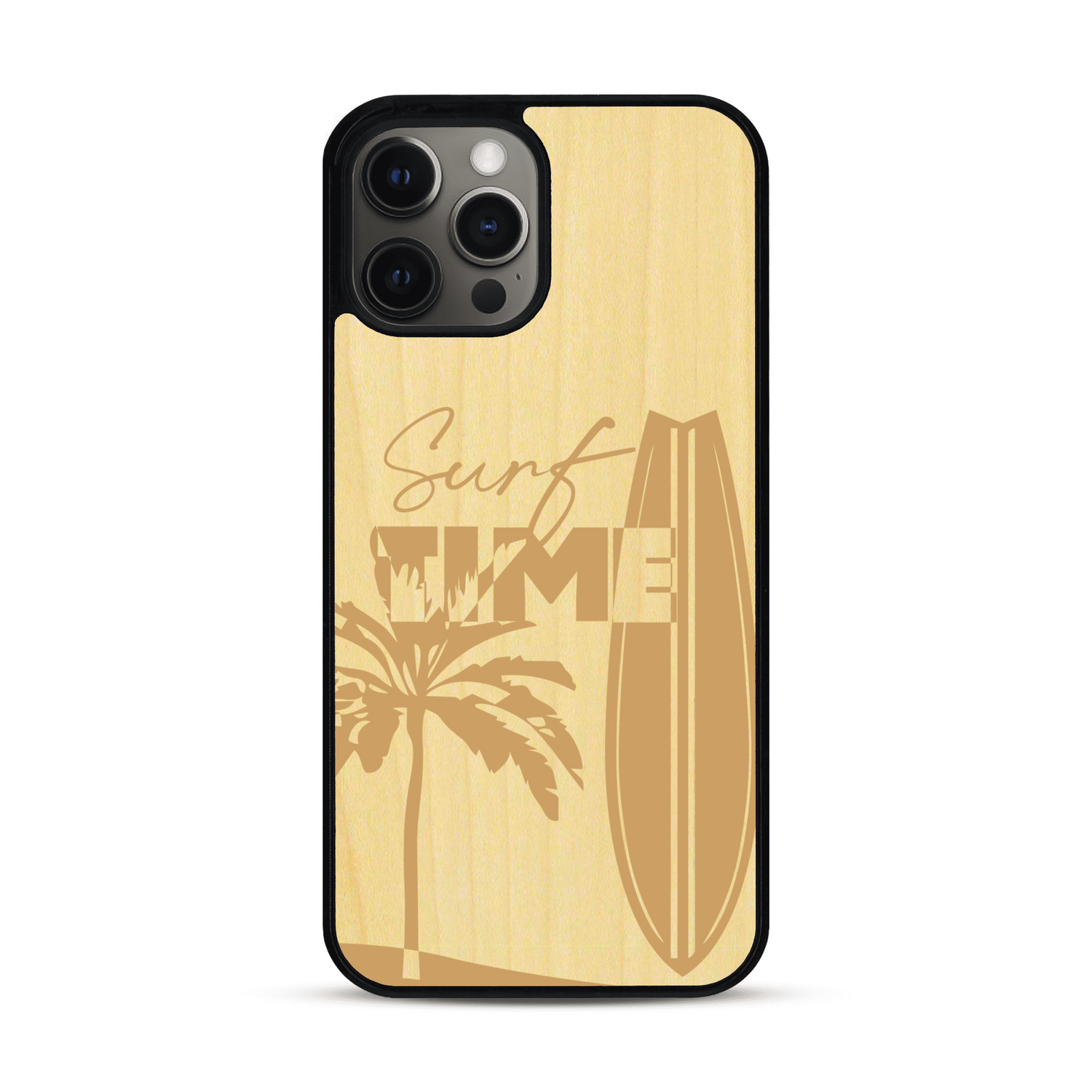 Coque de protection en bois véritable fabriquée en France pour  sur le thème chill avec un motif représentant une silouhette tenant une planche de surf sur une plage entouré de palmiers et les mots "Surf Time Long Beach Miami"