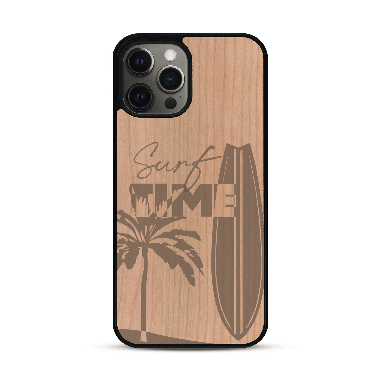 Coque de protection en bois véritable fabriquée en France pour  sur le thème chill avec un motif représentant une silouhette tenant une planche de surf sur une plage entouré de palmiers et les mots "Surf Time Long Beach Miami"