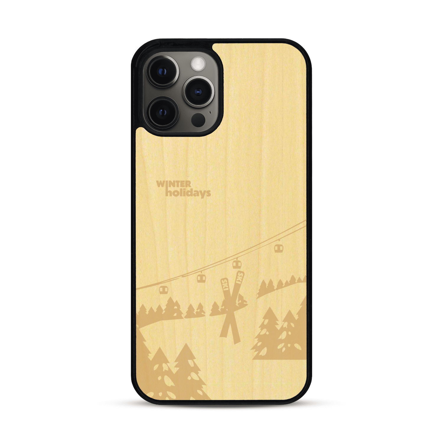 Coque de protection en bois véritable fabriquée en France pour  sur le thème de la montagne, du ski et de la neige avec un motif représentant une paire de ski plantée dans la neige avec en fond des montagnes enneigées