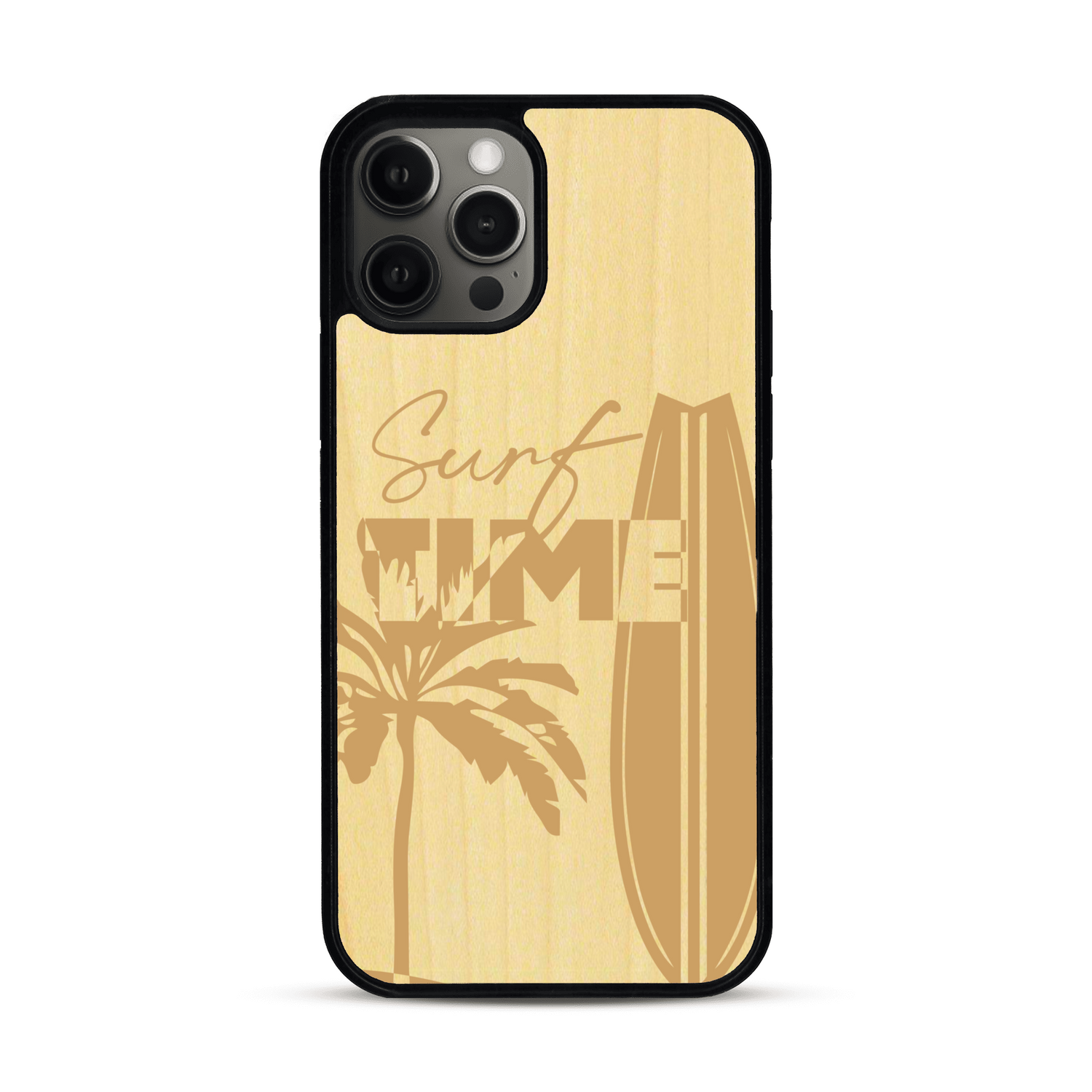Coque de protection en bois véritable fabriquée en France pour  sur le thème chill avec un motif représentant une silouhette tenant une planche de surf sur une plage entouré de palmiers et les mots "Surf Time Long Beach Miami"