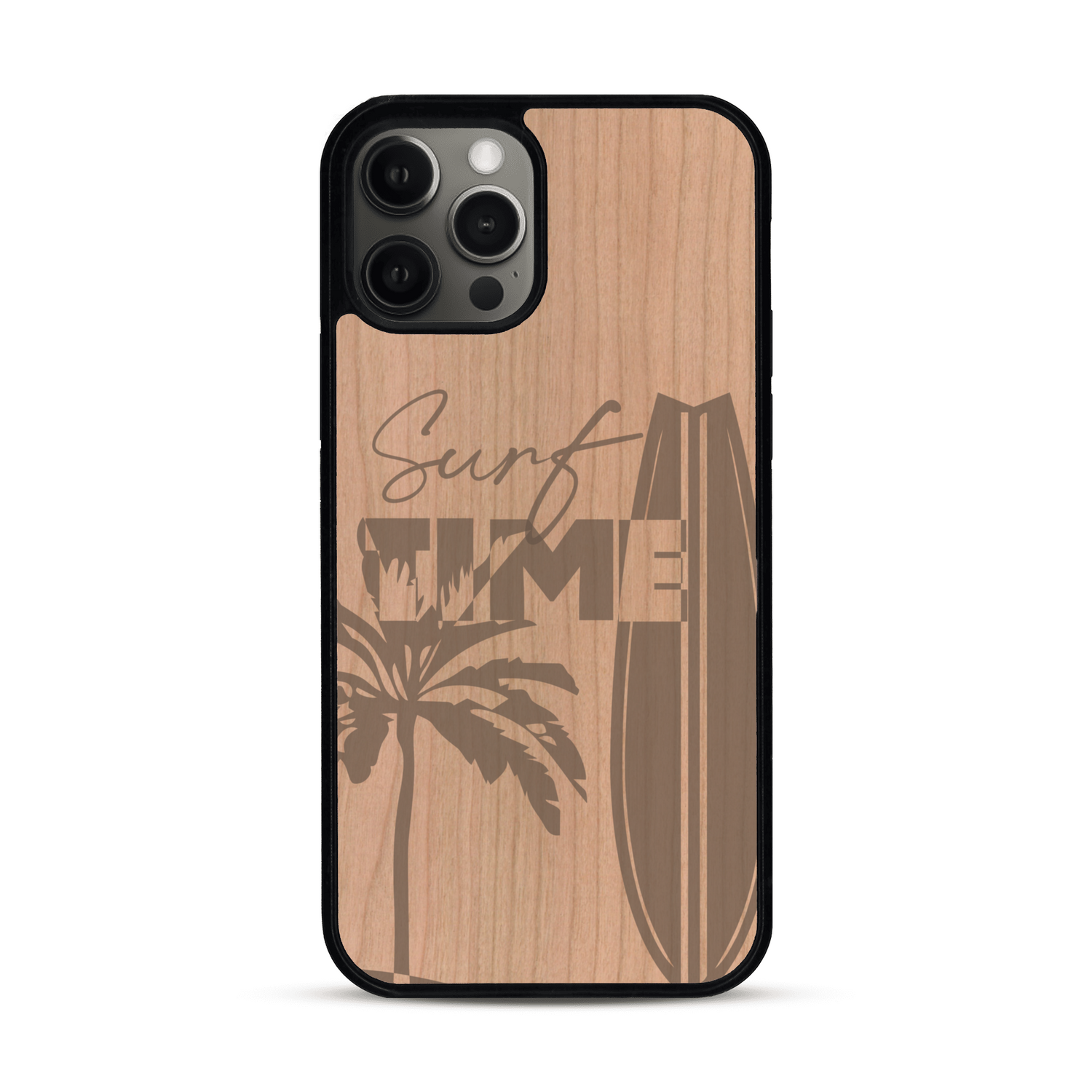 Coque de protection en bois véritable fabriquée en France pour  sur le thème chill avec un motif représentant une silouhette tenant une planche de surf sur une plage entouré de palmiers et les mots "Surf Time Long Beach Miami"