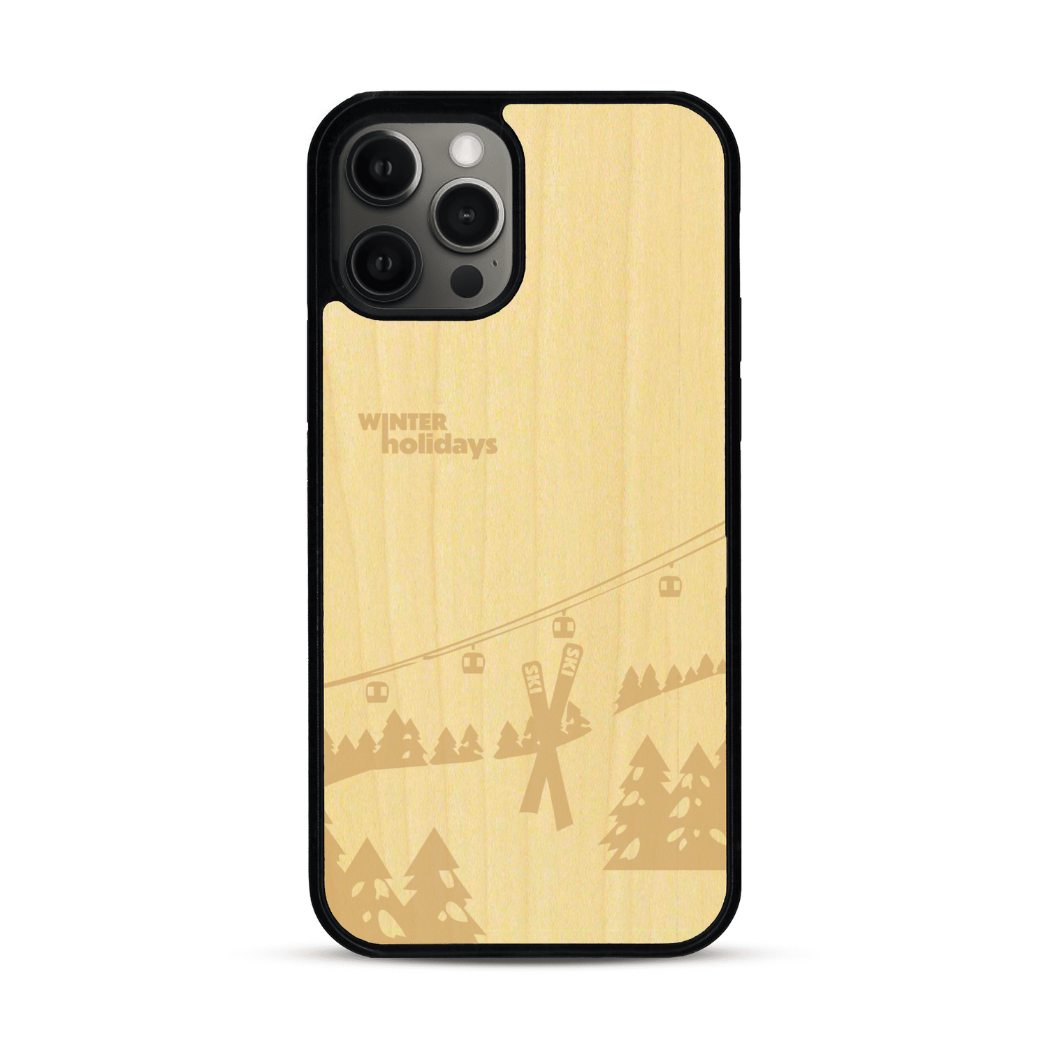Coque de protection en bois véritable fabriquée en France pour  sur le thème de la montagne, du ski et de la neige avec un motif représentant une paire de ski plantée dans la neige avec en fond des montagnes enneigées