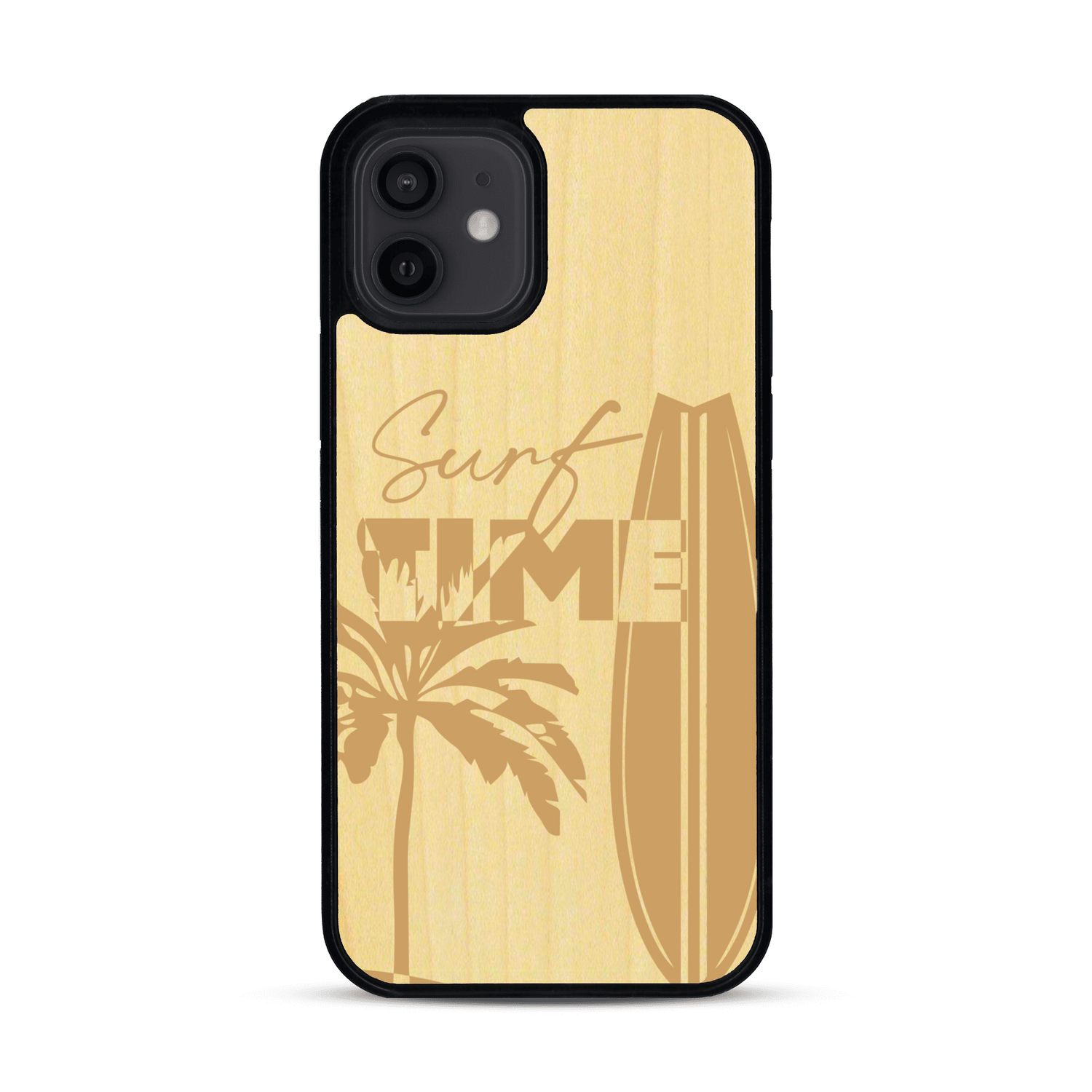 Coque de protection en bois véritable fabriquée en France pour  sur le thème chill avec un motif représentant une silouhette tenant une planche de surf sur une plage entouré de palmiers et les mots "Surf Time Long Beach Miami"