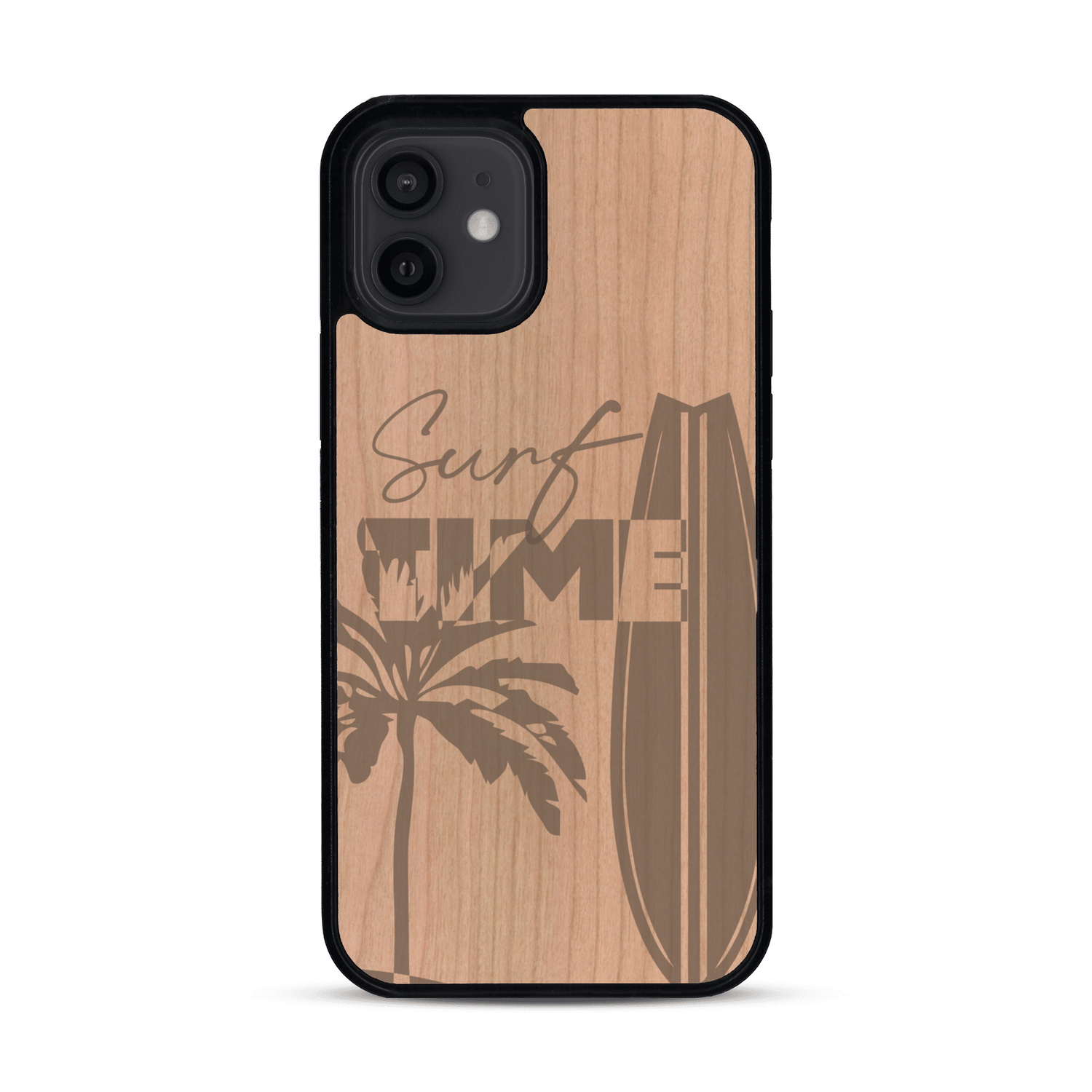 Coque de protection en bois véritable fabriquée en France pour  sur le thème chill avec un motif représentant une silouhette tenant une planche de surf sur une plage entouré de palmiers et les mots "Surf Time Long Beach Miami"