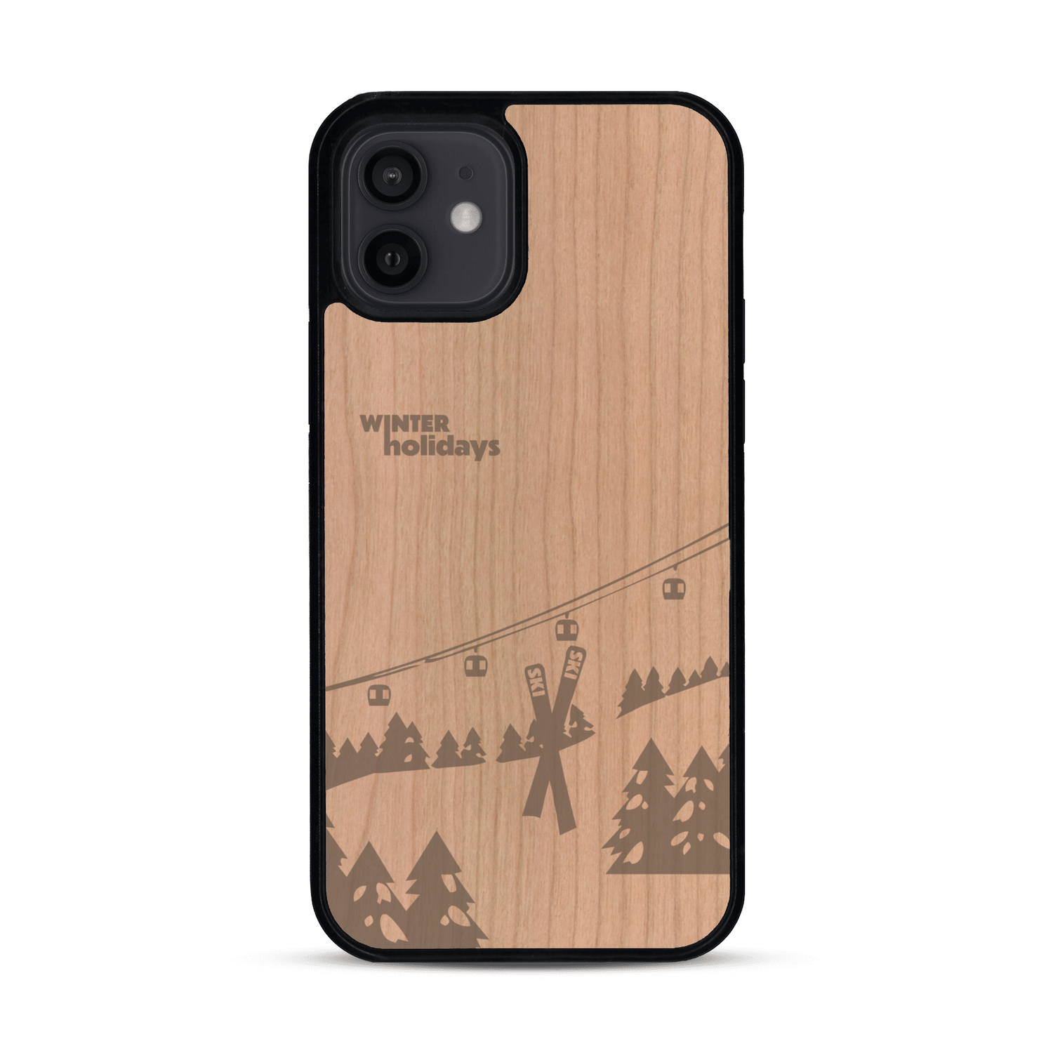 Coque de protection en bois véritable fabriquée en France pour  sur le thème de la montagne, du ski et de la neige avec un motif représentant une paire de ski plantée dans la neige avec en fond des montagnes enneigées