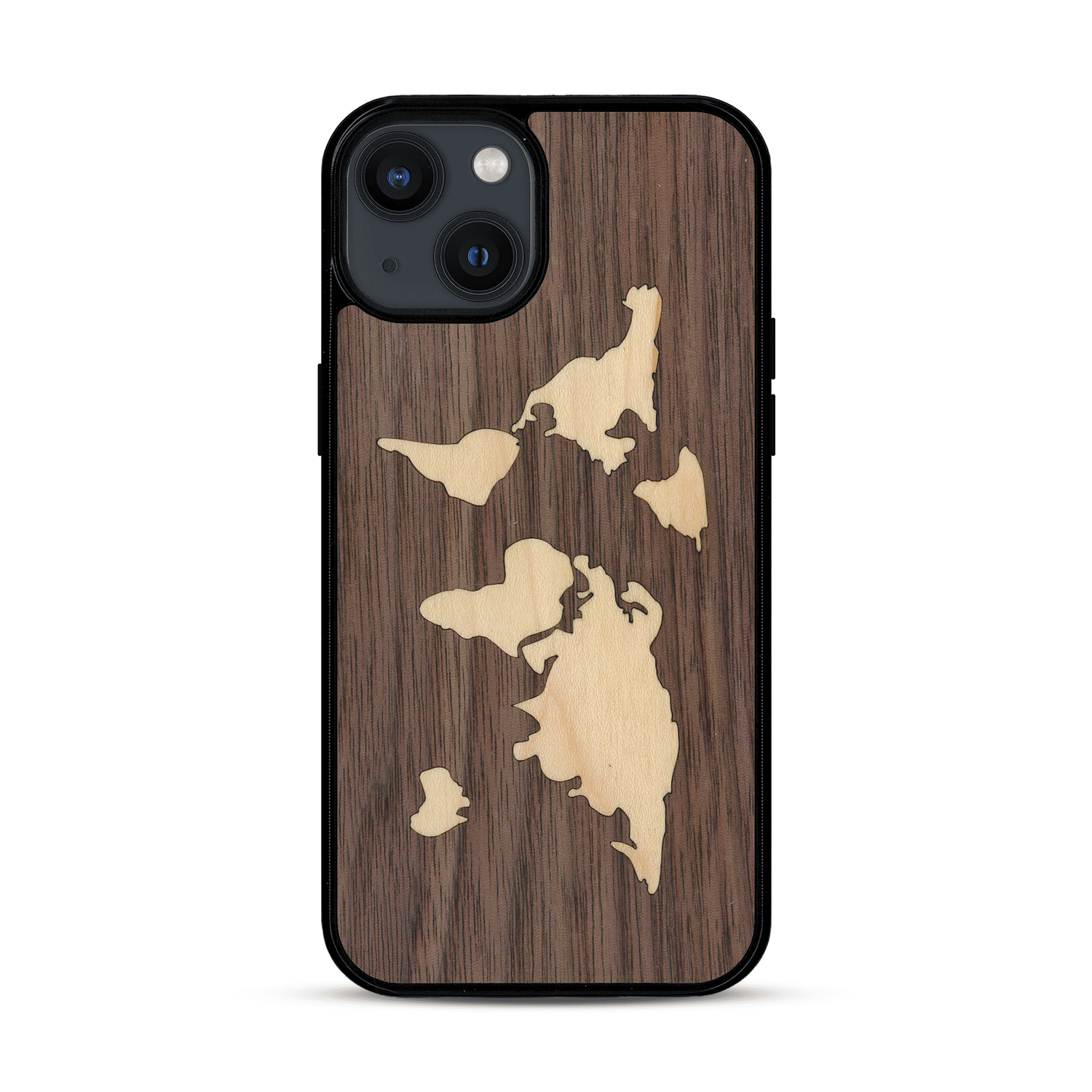 Coque de protection en bois véritable fabriquée en France pour  alliant du bambou et du noyer sur le thème du voyage et de l'aventure représentant une mappemonde