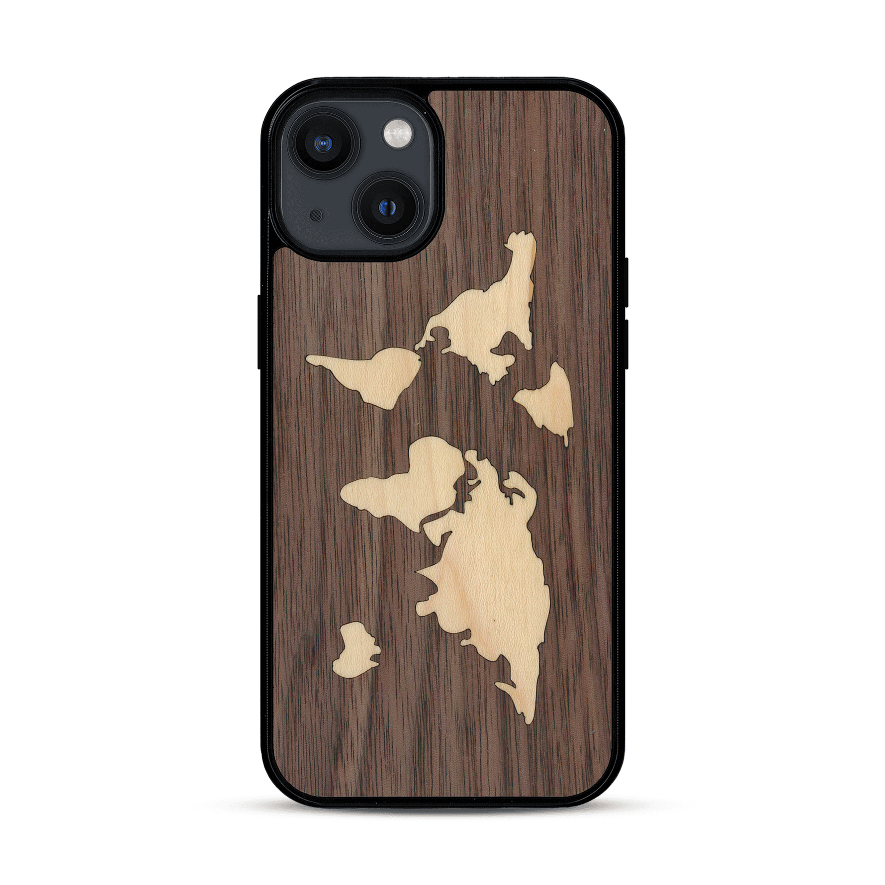 Coque de protection en bois véritable fabriquée en France pour  alliant du bambou et du noyer sur le thème du voyage et de l'aventure représentant une mappemonde