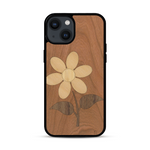 Coque de protection en bois véritable fabriquée en France pour  alliant plusieurs essences de bois pour représenter une marguerite