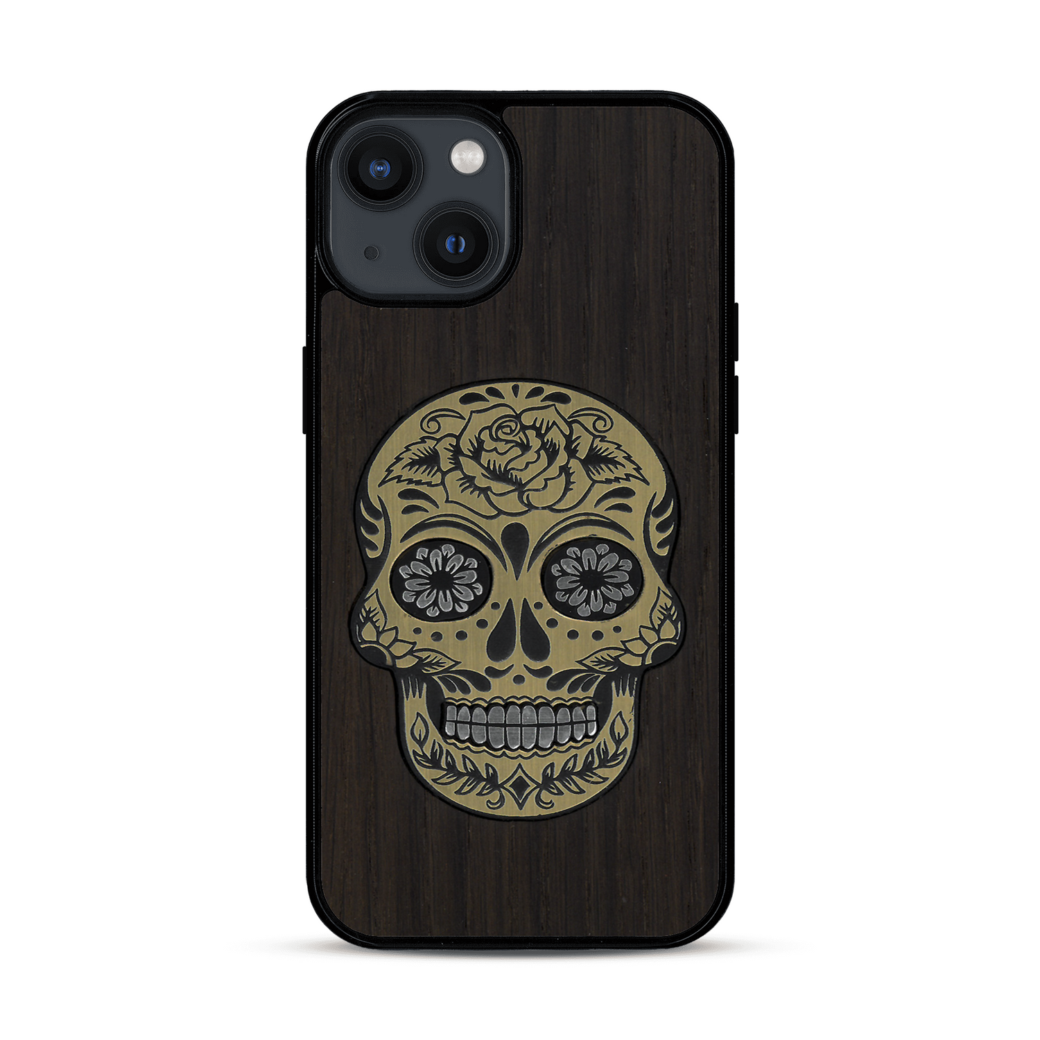 Coque de protection en bois véritable fabriquée en France pour  alliant du chêne fumé avec du métal argenté et doré représentant une tête de mort mexicaine sur le thème Dia de los Muertos