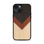 Coque de protection en bois véritable fabriquée en France pour  alliant du chêne fumé, du padouk et du bambou en forme de chevron sur le thème de l'art abstrait