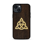 Coque de protection en bois véritable fabriquée en France pour  alliant du chêne fumé et du bambou représentant une triquetra
