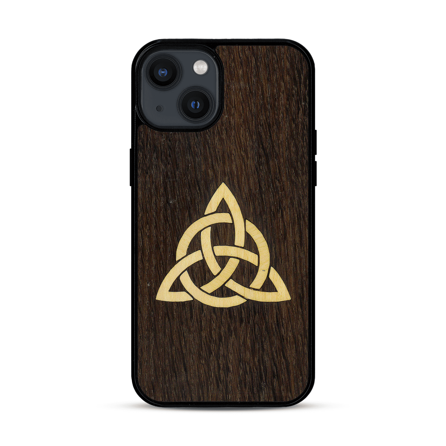 Coque de protection en bois véritable fabriquée en France pour  alliant du chêne fumé et du bambou représentant une triquetra