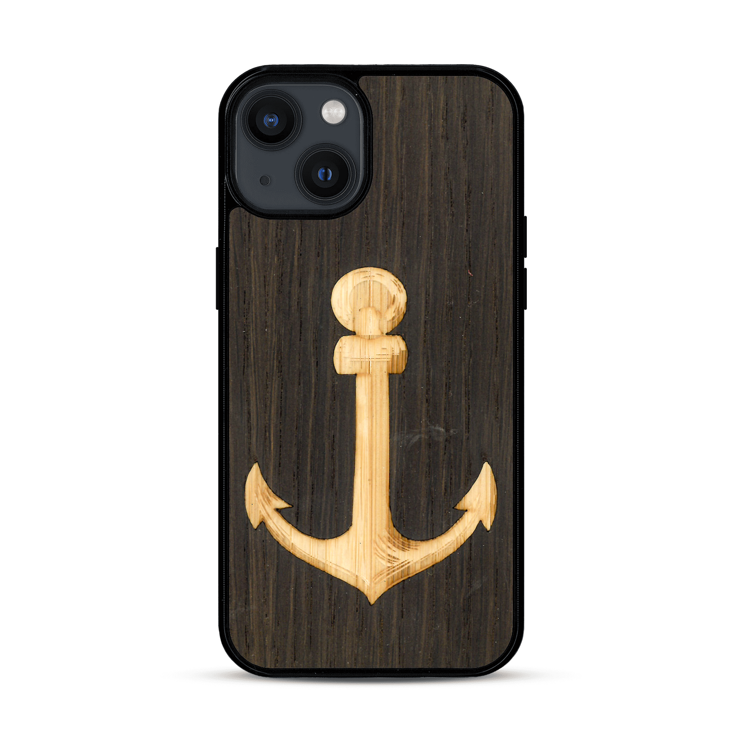 Coque de protection en bois véritable fabriquée en France pour  sur le thème nautique avec un bois clair et un bois foncé représentant une ancre de bateau