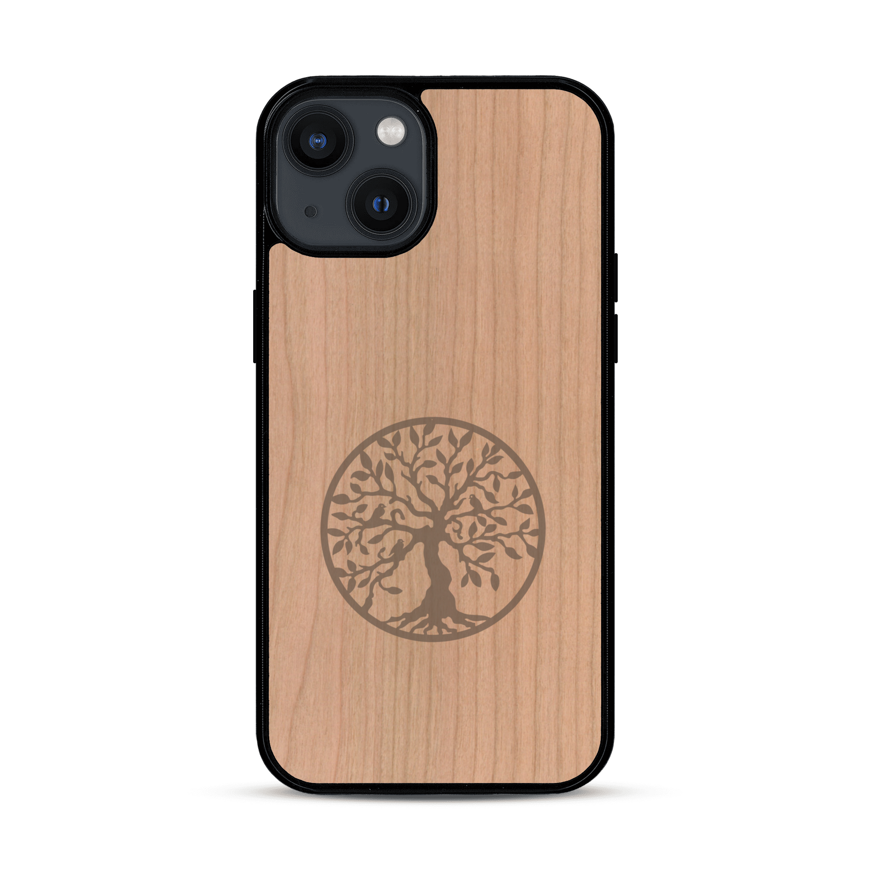 Coque de protection en bois véritable fabriquée en France pour  sur le thème de la spiritualité et du yoga avec une gravure zen représentant un arbre de vie