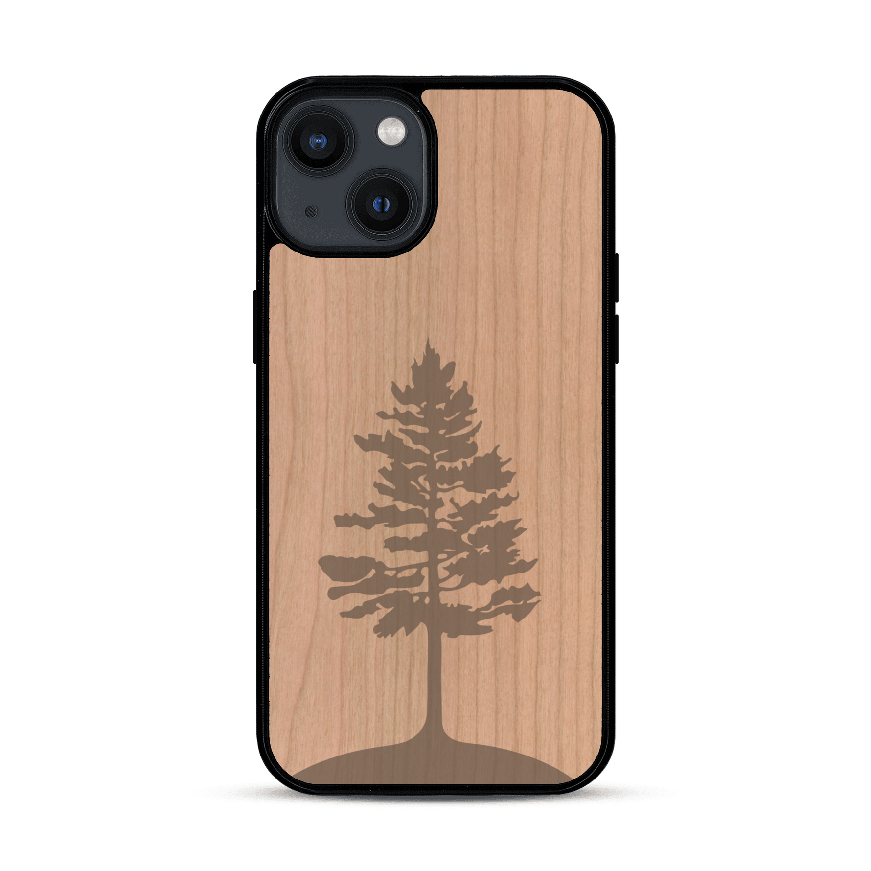 Coque de protection en bois véritable fabriquée en France pour  sur le thème de la nature, de la fôret et de l'écoresponsabilité avec une gravure représentant un arbre 