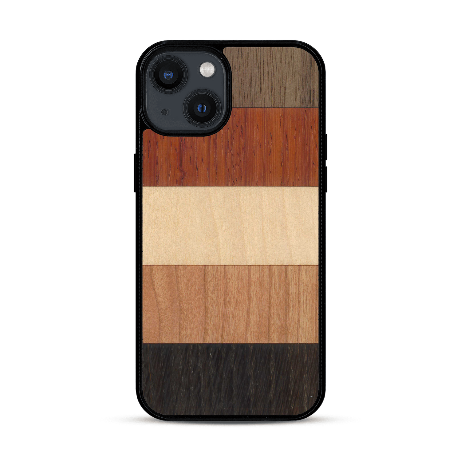 Coque de protection en bois véritable fabriquée en France pour  alliant des bandes horizontales de bambou, merisier, padouk, noyer et chêne fumé