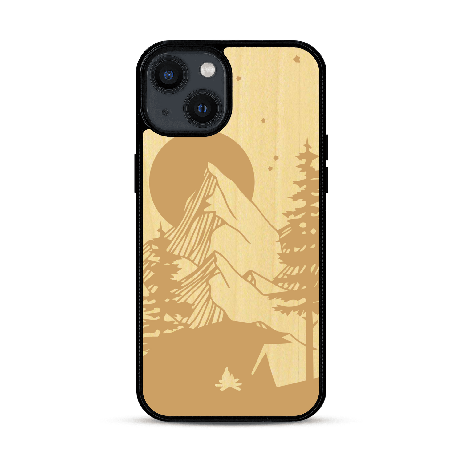Coque de protection en bois véritable fabriquée en France pour  sur le thème du camping en pleine nature représentant une tente avec un feu de camp entouré de montagnes