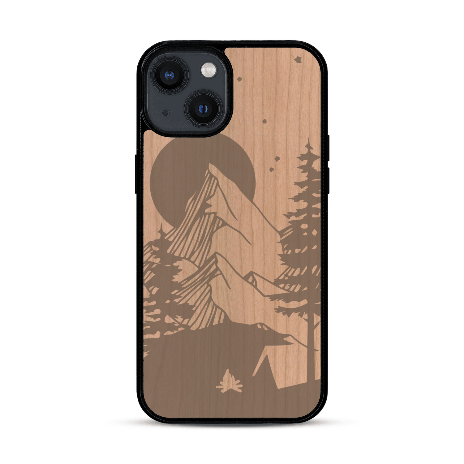 Coque de protection en bois véritable fabriquée en France pour  sur le thème du camping en pleine nature représentant une tente avec un feu de camp entouré de montagnes