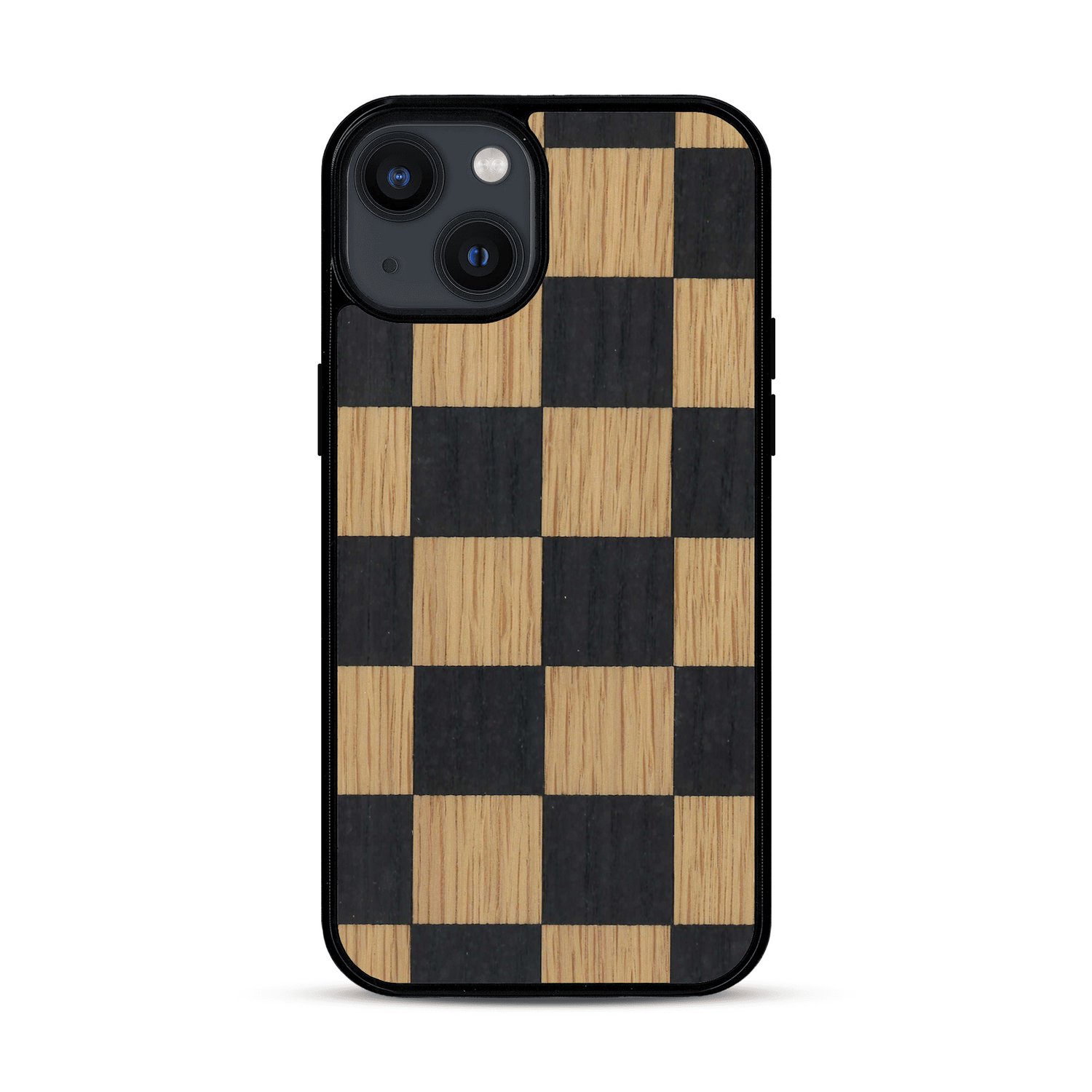Coque de protection en bois véritable fabriquée en France pour  alliant plusieurs essences de bois pour représenter un damier
