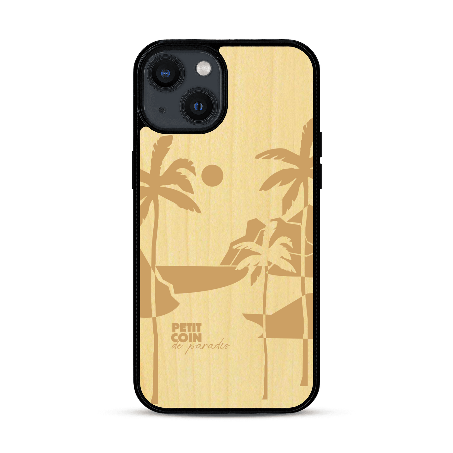 Coque de protection en bois véritable fabriquée en France pour  sur le thème des voyages en vans, vanlife et chill avec une gravure représentant un van vw combi devant le soleil couchant sur une plage avec des vagues