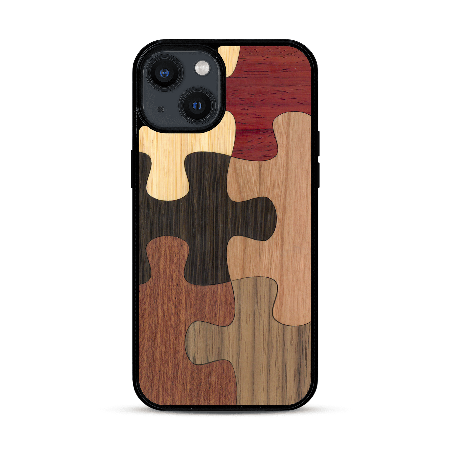 Coque de protection en bois véritable fabriquée en France pour  représentant un puzzle en six pièces qui allie du chêne fumé, du noyer, du bambou, du padouk, du merisier et de l'acajou